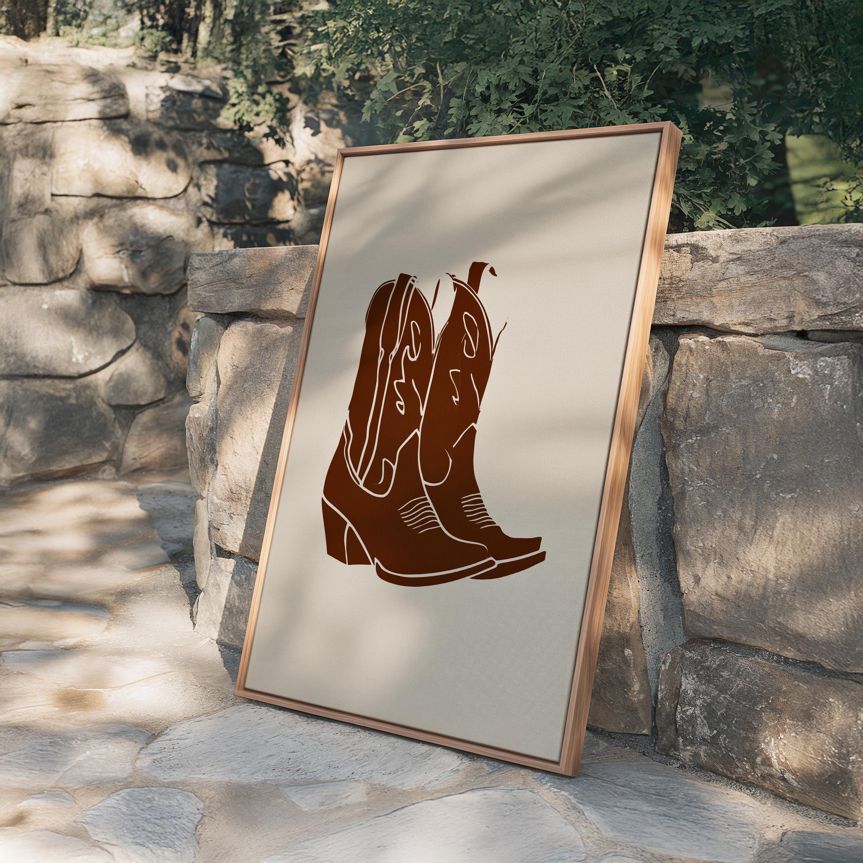 Cowboy Boot Art Print, Brown Western Wall Decor, Minimal Cowgirl Poster