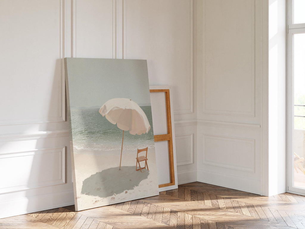 Beach Umbrella Art Print, Calm Ocean Poster, Neutral Seaside Wall Decor