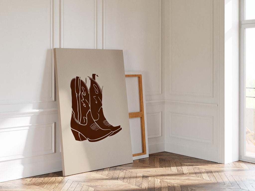 Cowboy Boot Art Print, Brown Western Wall Decor, Minimal Cowgirl Poster
