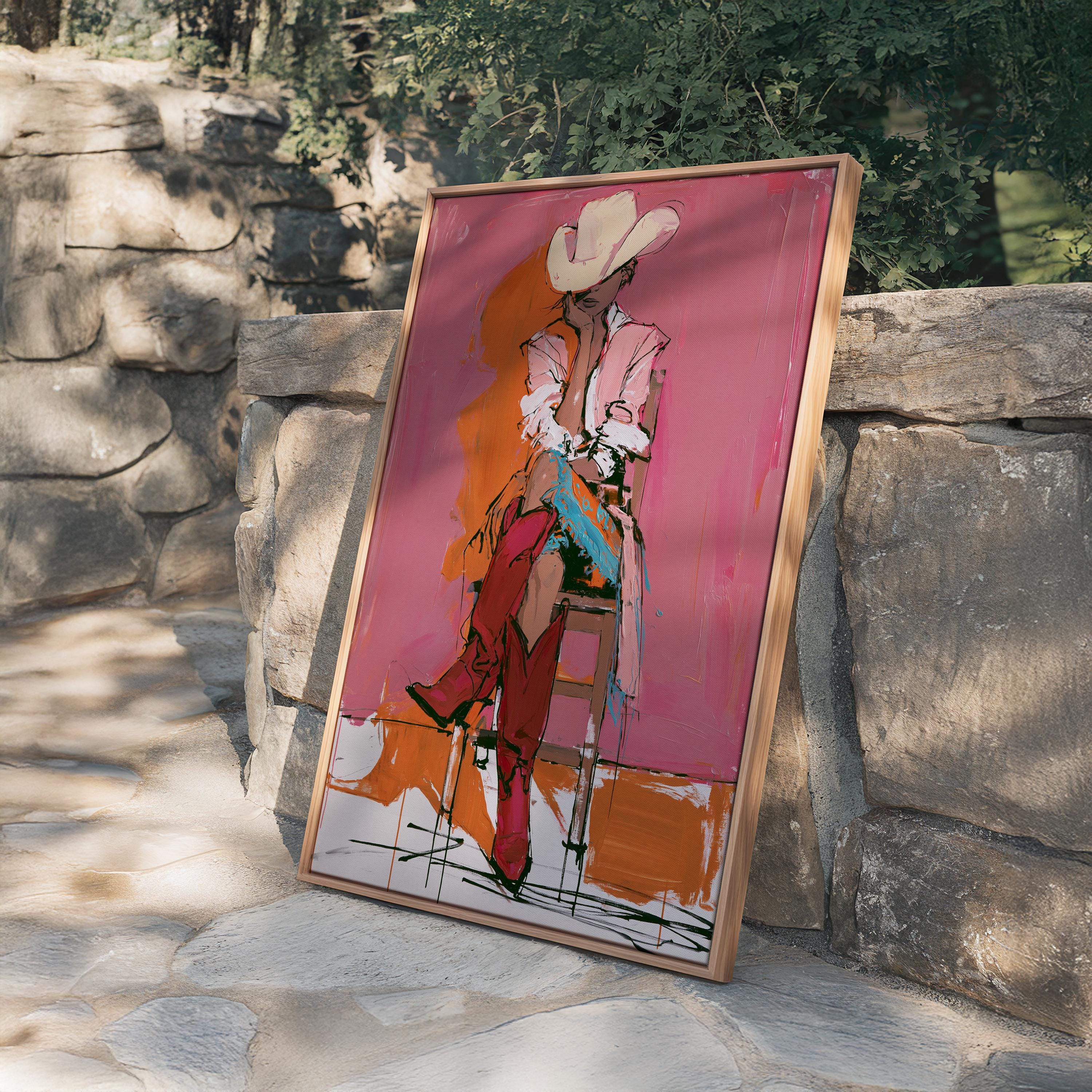 Western Cowgirl Art Print, Pink Cowgirl Wall Decor, Modern Rodeo Painting