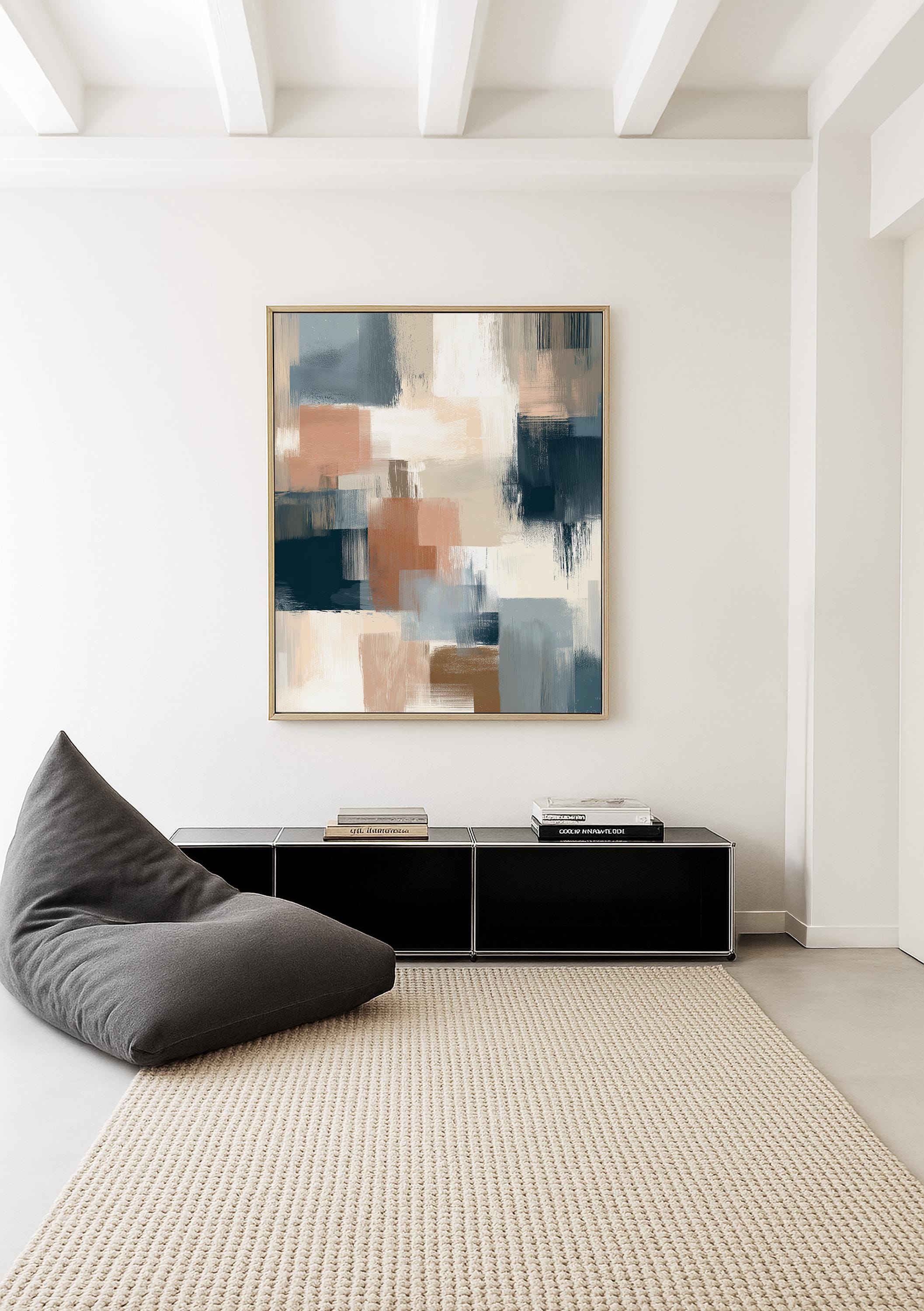 Neutral Abstract Art Print, Modern Brushstroke Wall Art, Beige Blue Color Block Decor