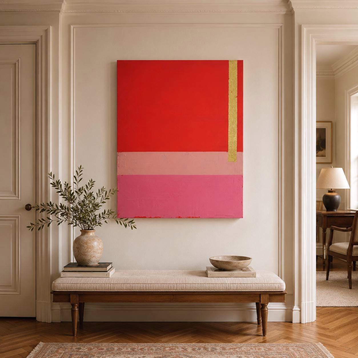 Red Pink Abstract Painting with Gold Leaf, Bold Modern Canvas Art, Color Block Wall Decor, Large Statement Artwork 24x30, Original Painting