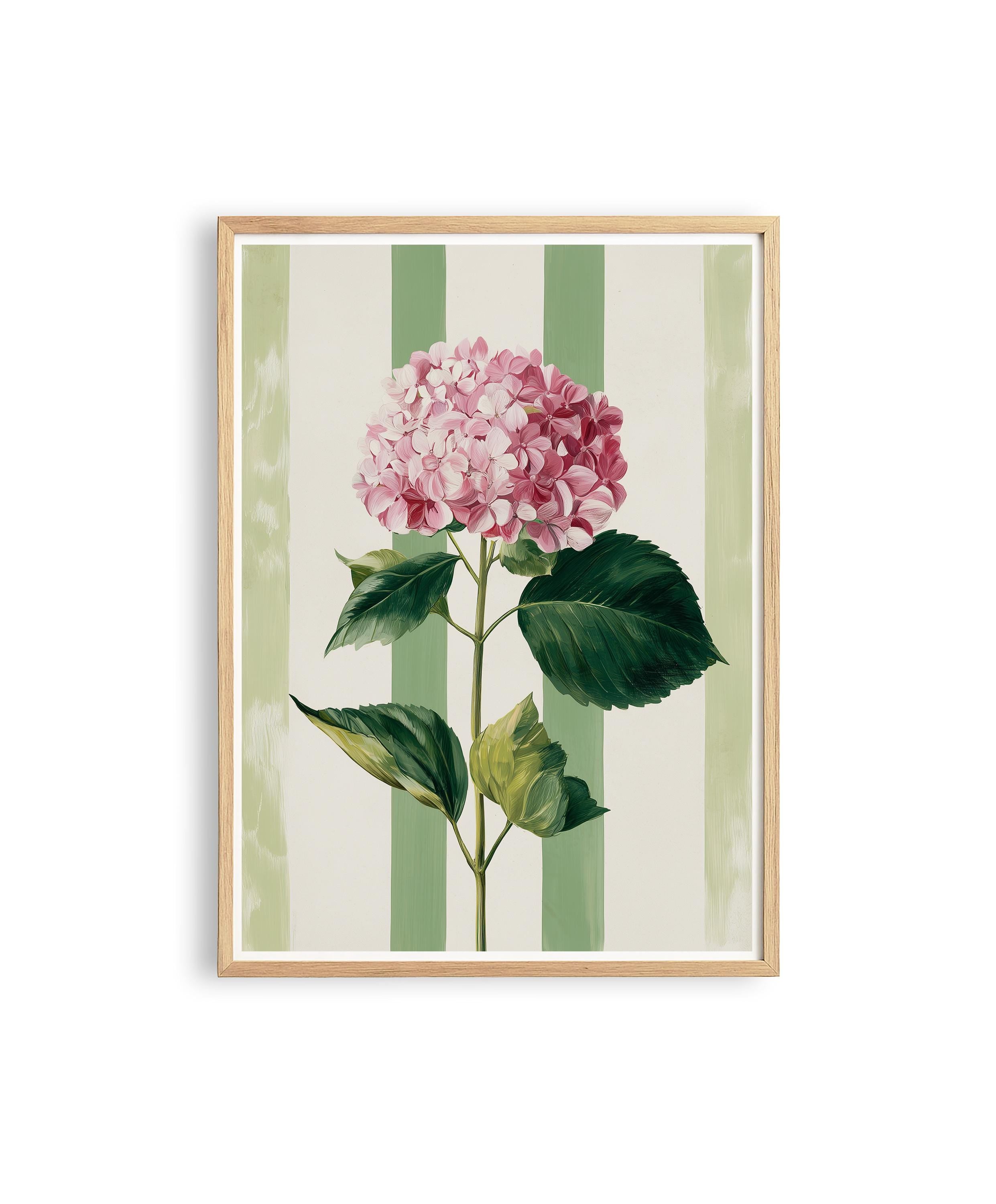 Pink Hydrangea Print, Green Striped Floral Wall Art, Cottage Bedroom Decor, Botanical Flower Art Print