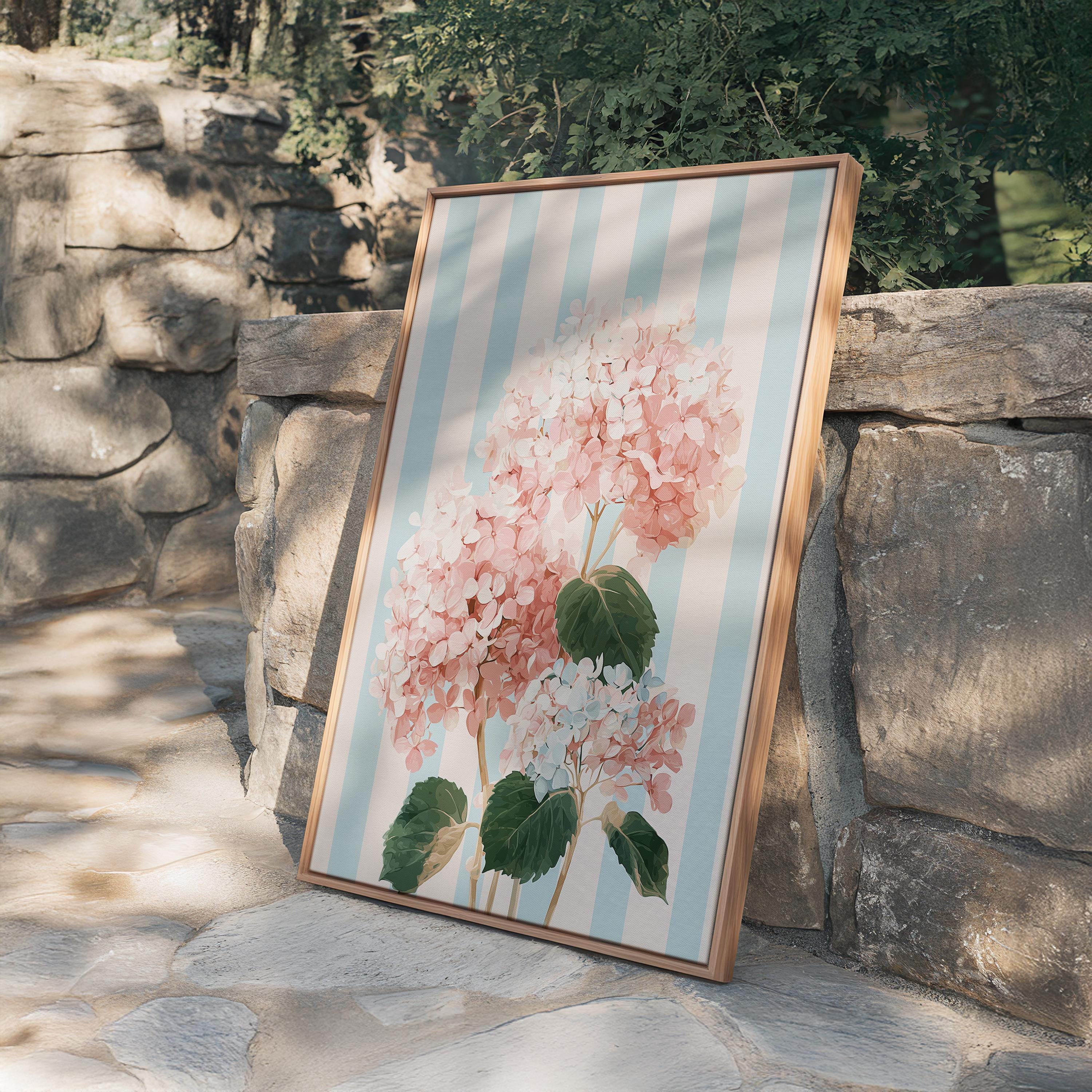 Pink Hydrangea Wall Art Print, Blue Stripe Floral Poster, Cottagecore Bedroom Decor, Vintage Botanical Digital Download