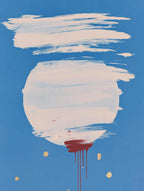 Abstract Blue Circle Print, White Brush Stroke Red Drip Art, Modern Gallery Decor