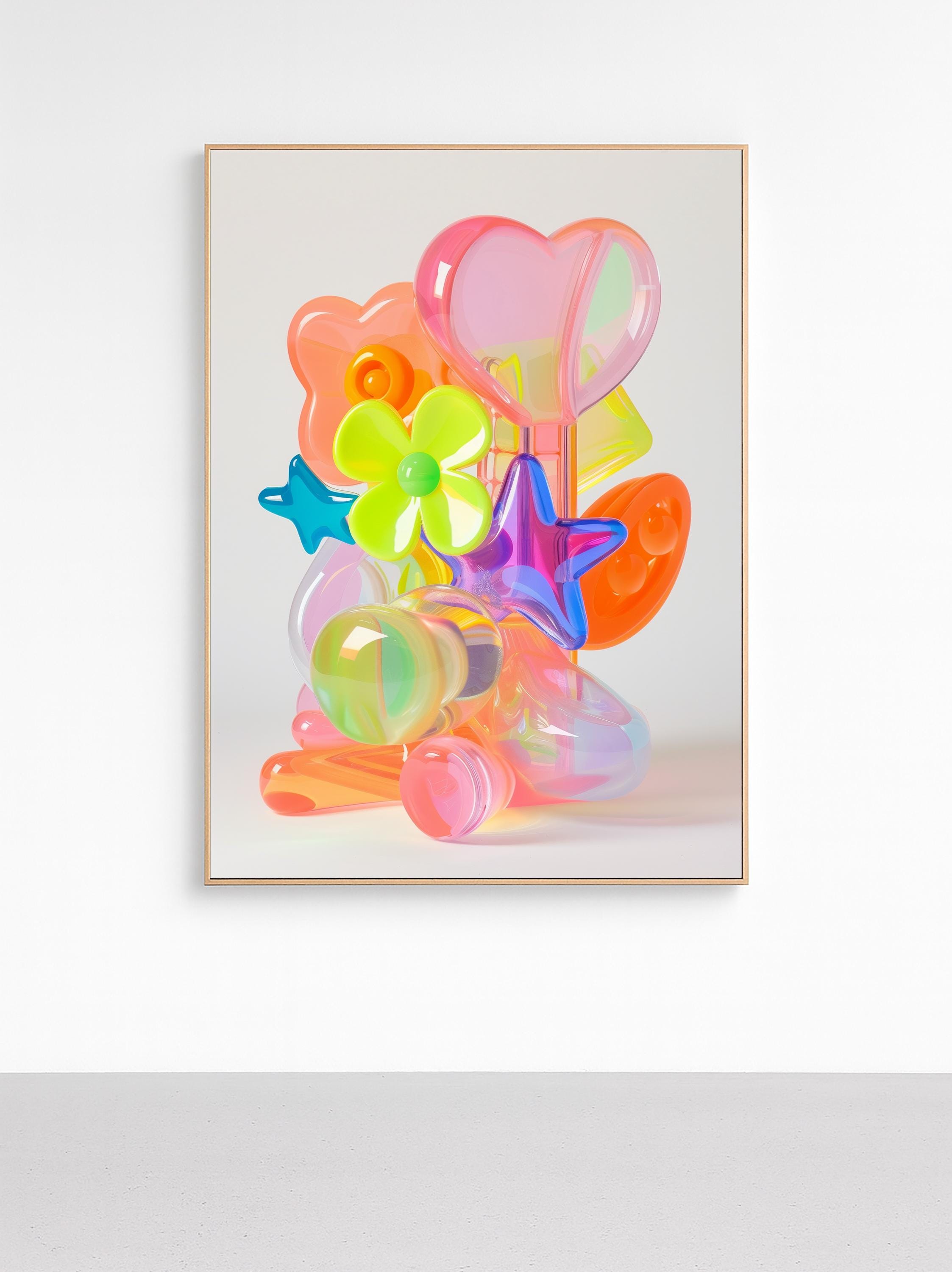 May include: A framed artwork featuring a vibrant arrangement of translucent, colorful shapes. The composition includes a pink heart, orange flower, blue star, and other geometric forms. The artwork is set against a white background.