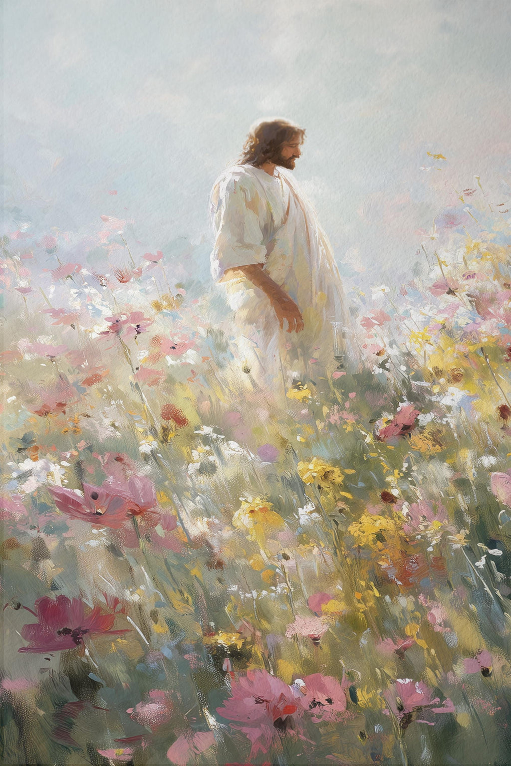 Jesus in Wildflower Field Print, Christian Wall Art, Faith Inspired Floral Painting, Bible Decor Printable Wall Art