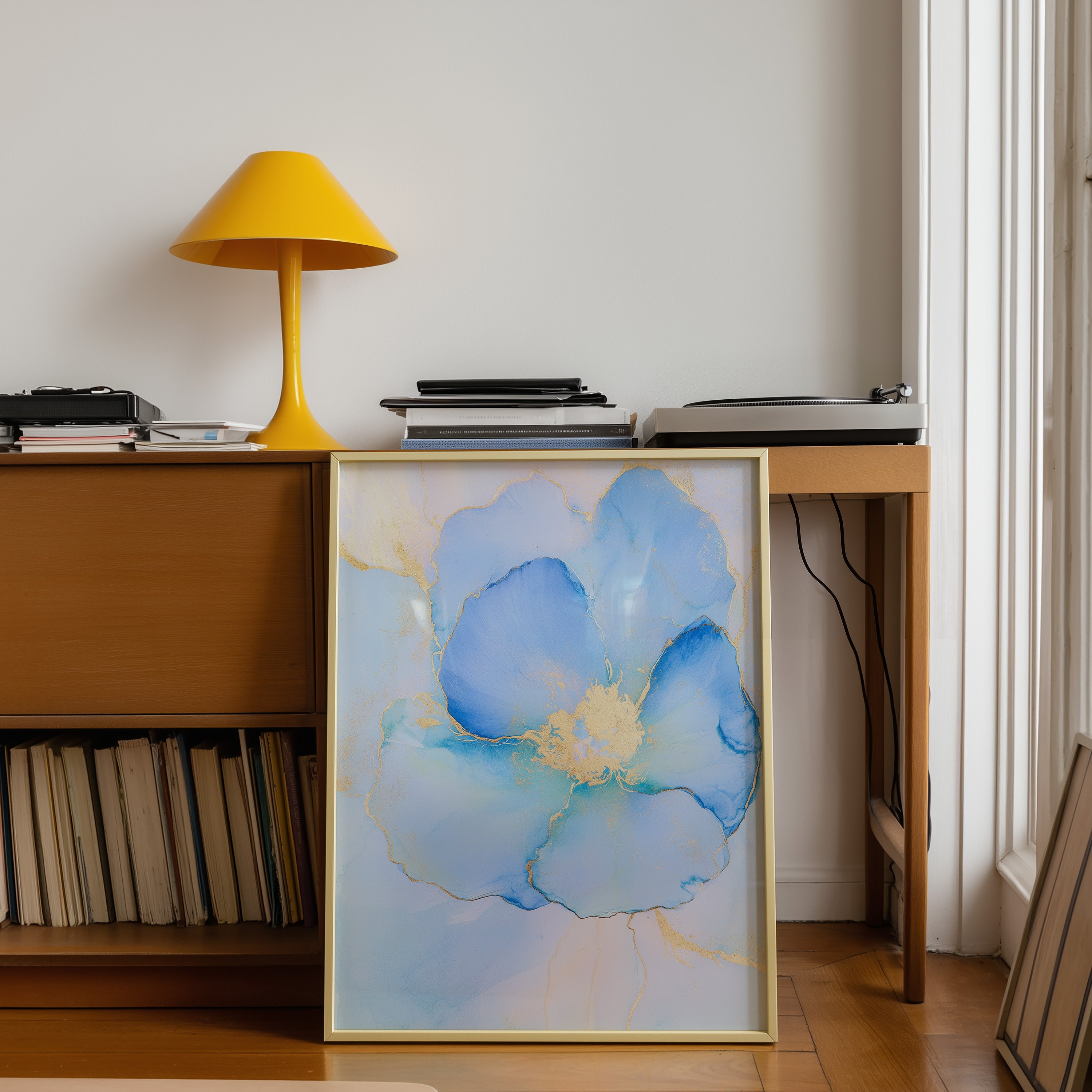 modern abstract flower art print in sky blue and pale gold hues