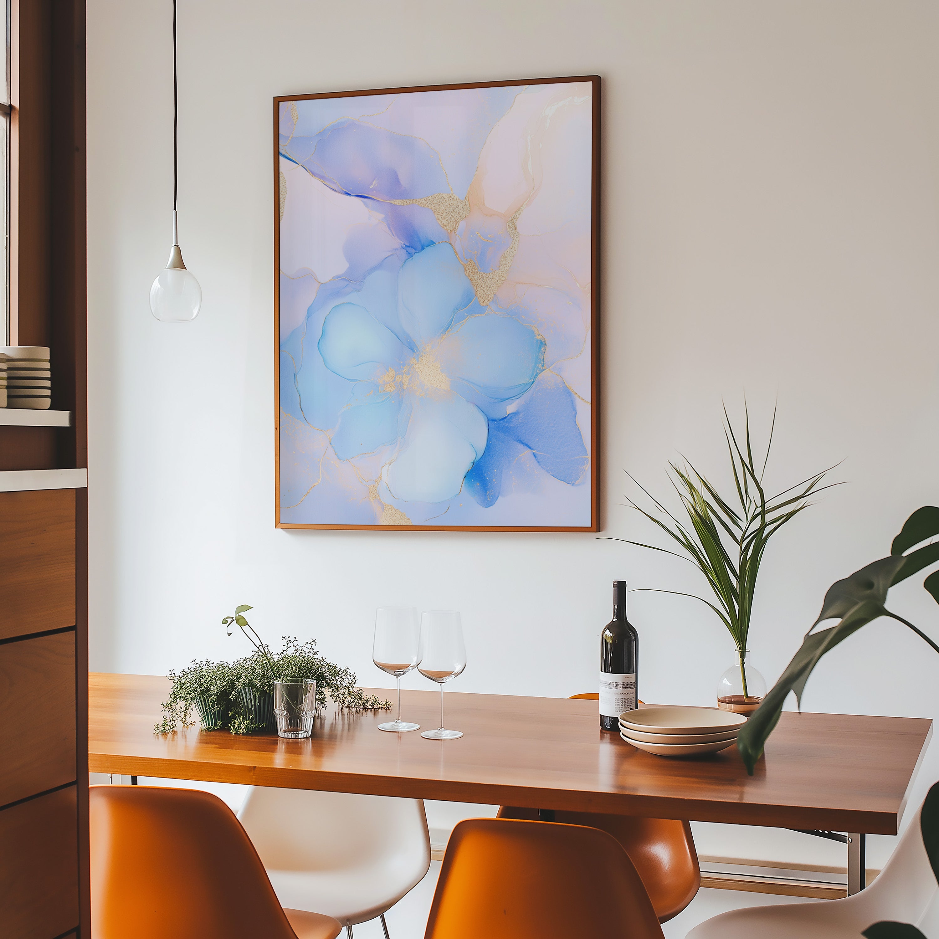 delicate blue flower painting with shimmering gold details and airy pastel hues