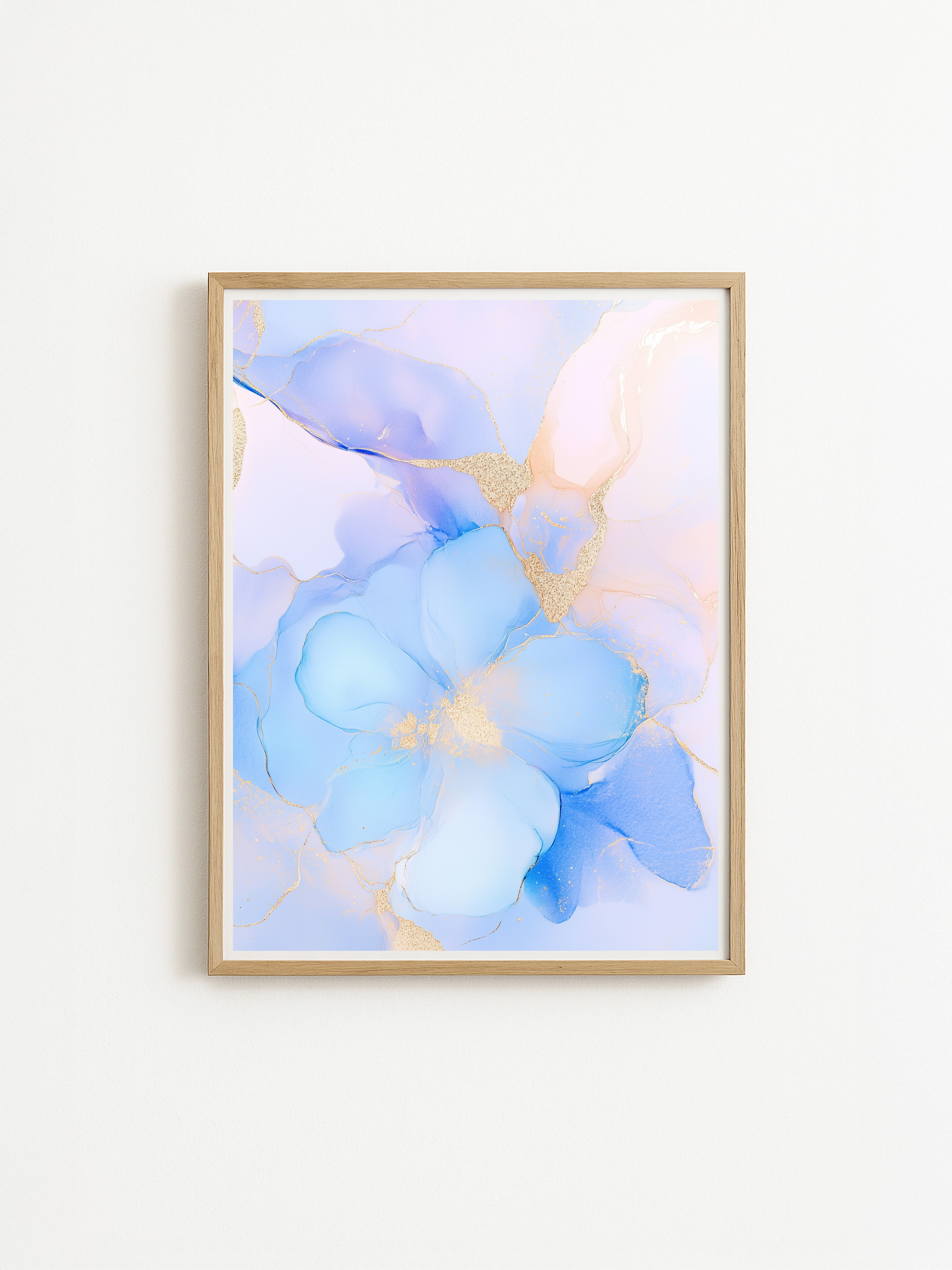 Abstract floral art print in pastel blue and gold tones with fluid watercolor style and modern minimalist design.
