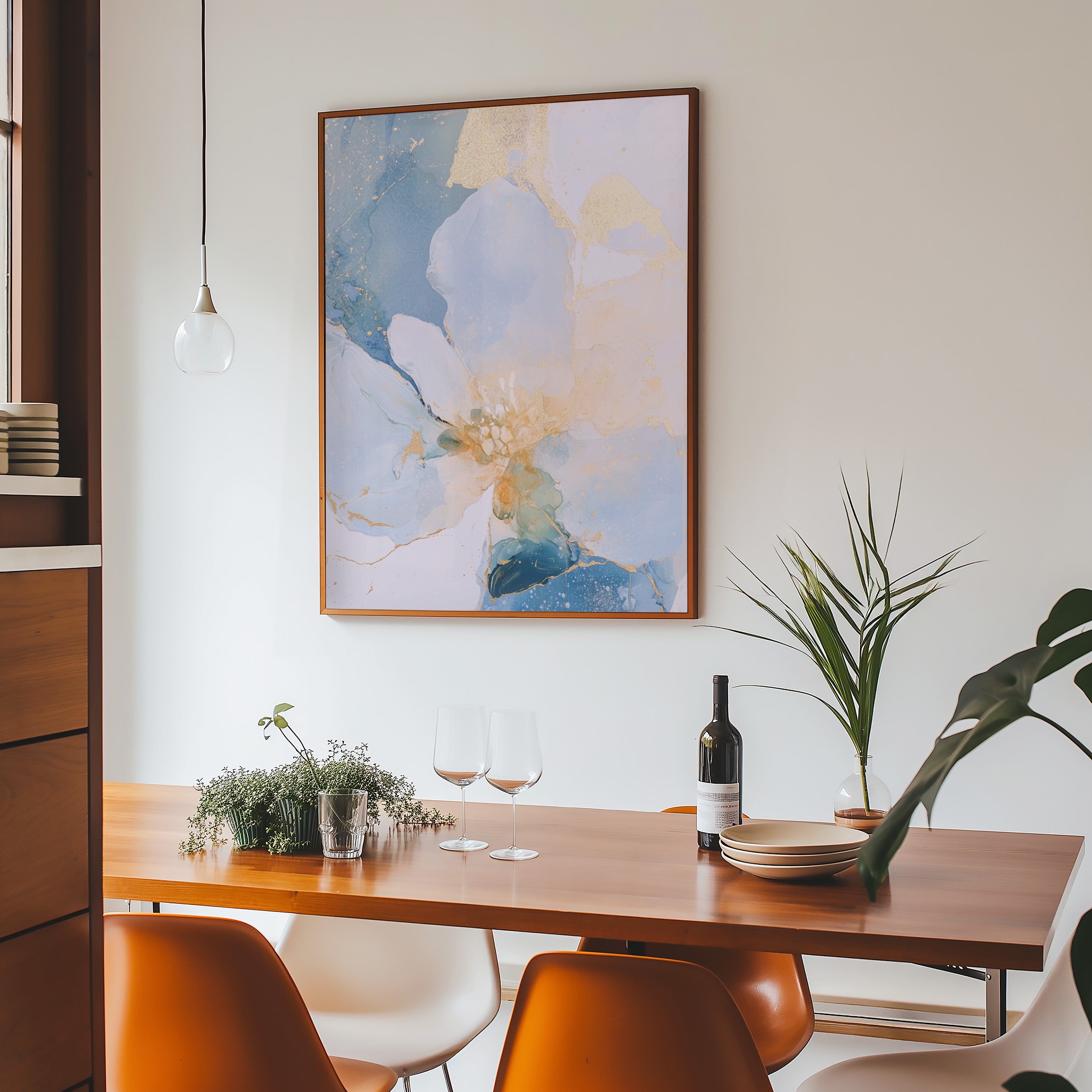 pastel blue and gold accent floral painting with fluid watercolor movement