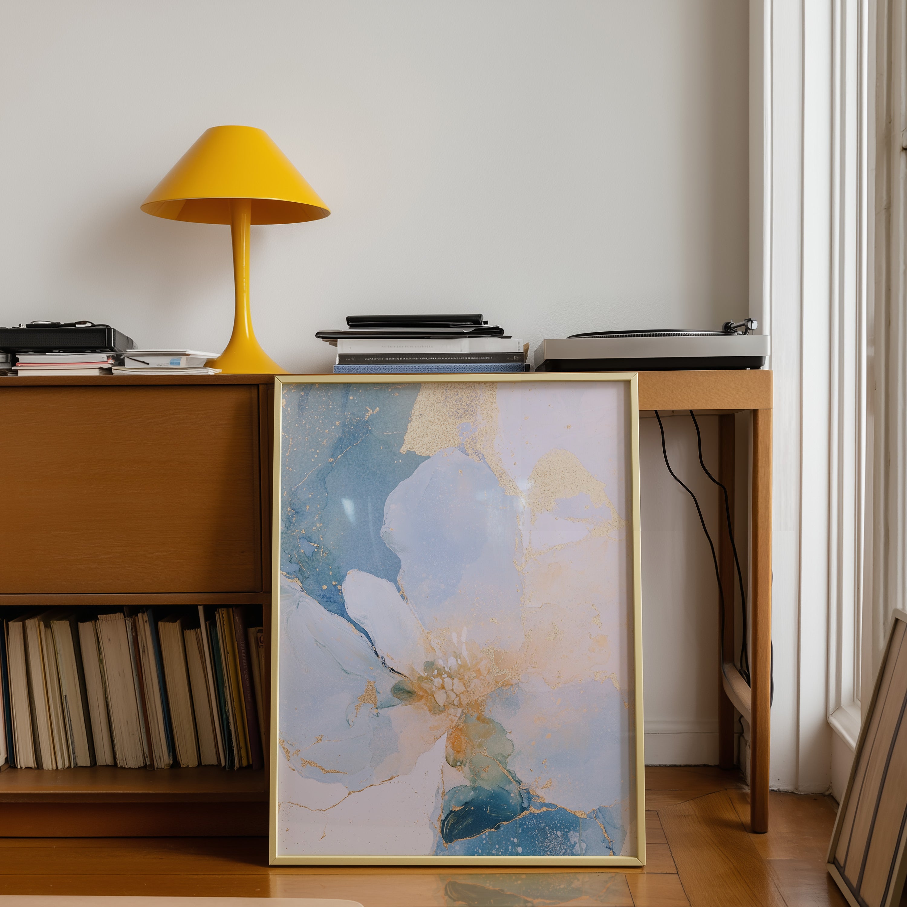 modern abstract flower art in light blue tones with metallic highlights