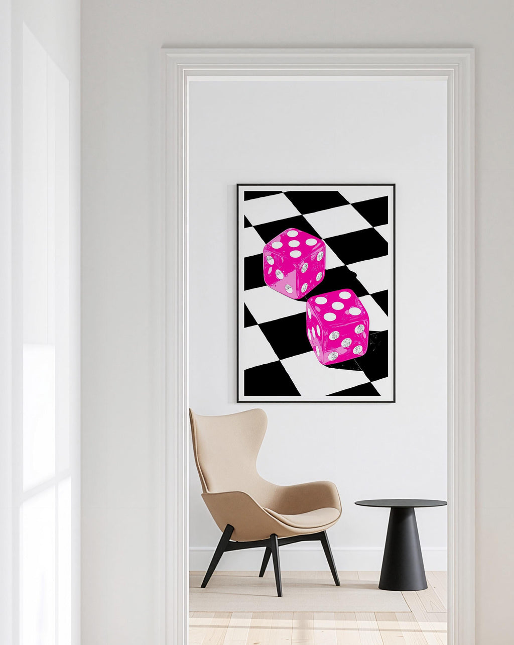 Pink Dice Pop Art Print, Retro Checkerboard Statement Artwork