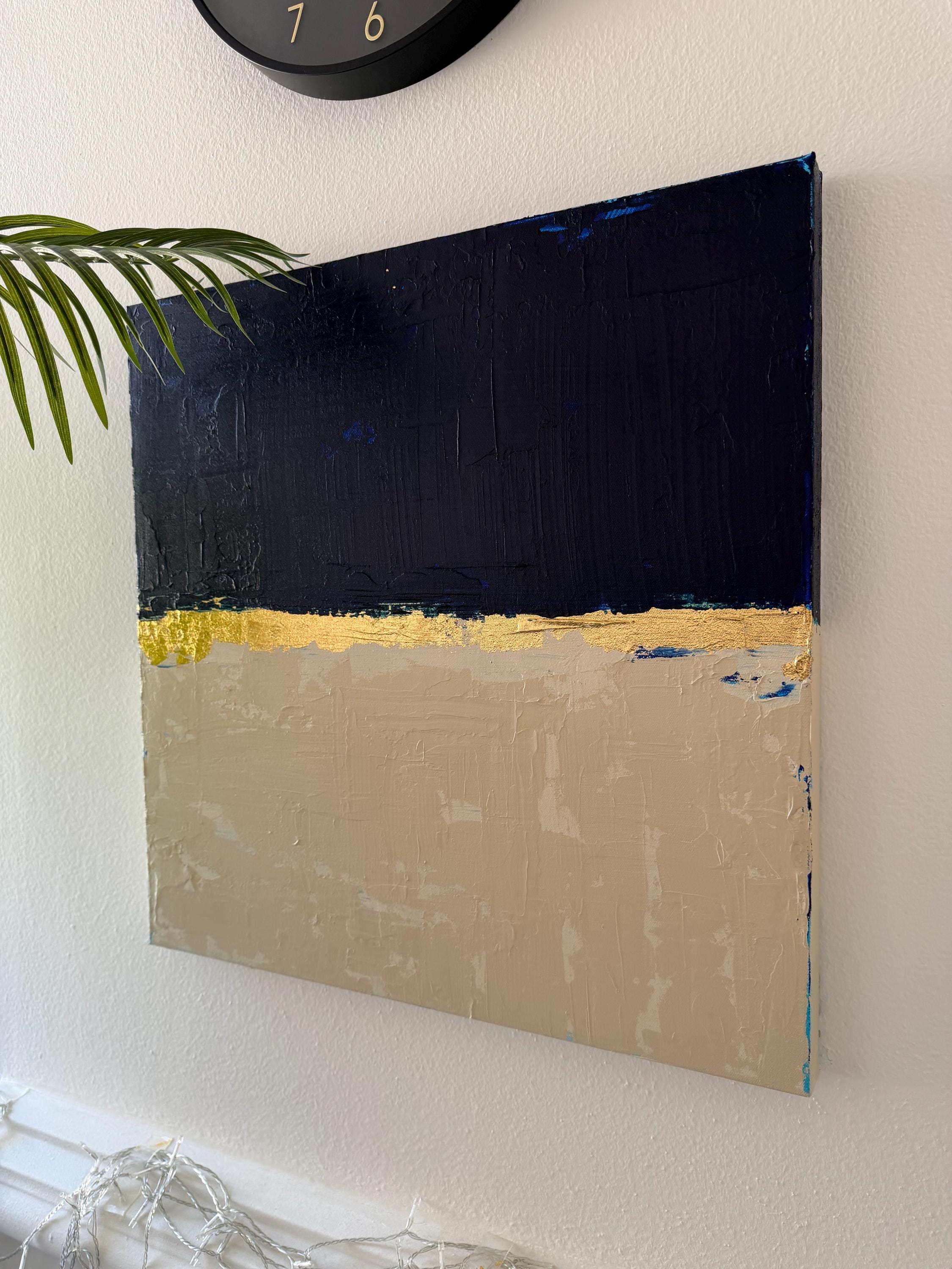Original Acrylic Painting, Navy Blue Cream Abstract Canvas Art, Gold Leaf Wall Art, Minimalist Modern Painting