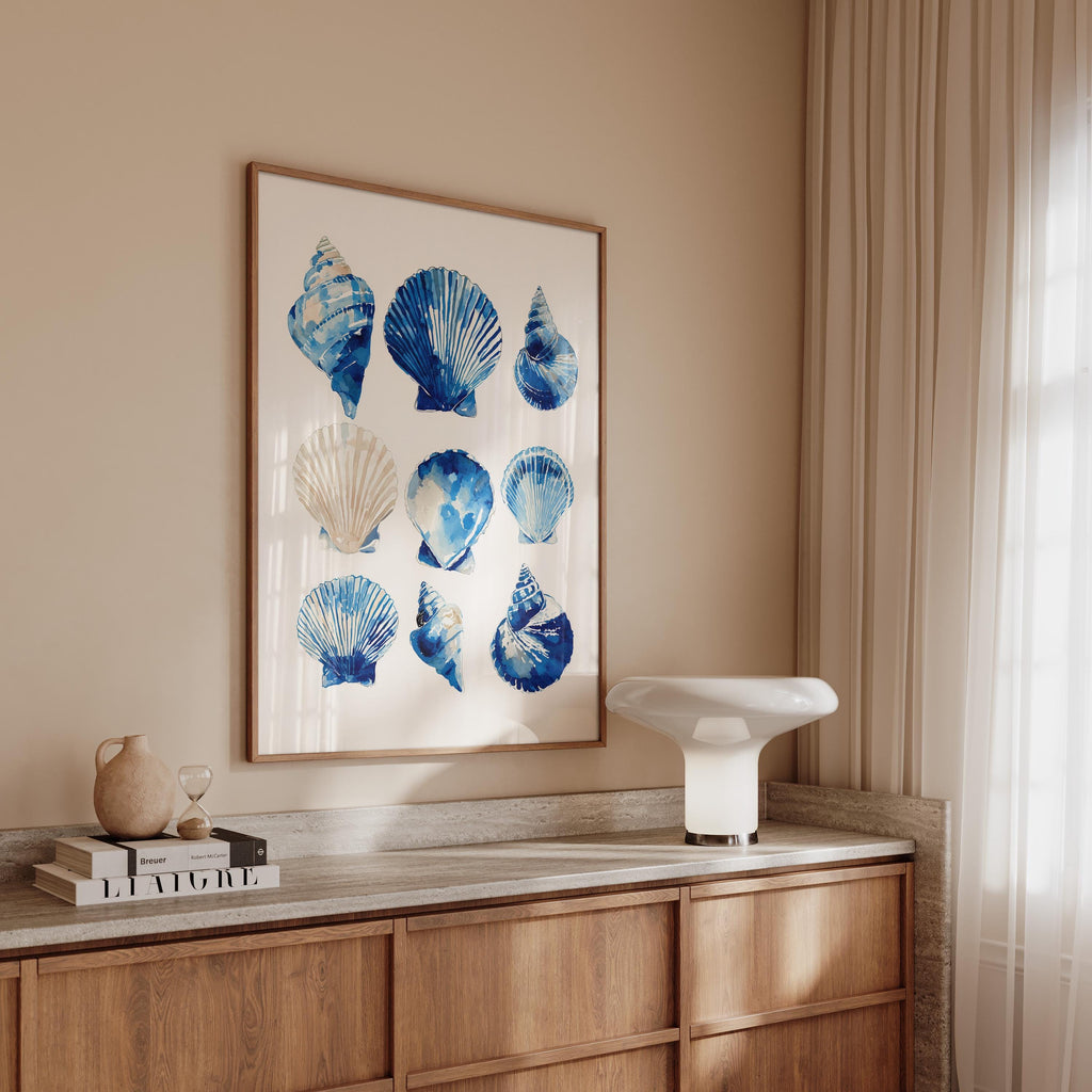 Blue Seashell Art Print, Coastal Bathroom Poster, Ocean Shell Wall Decor
