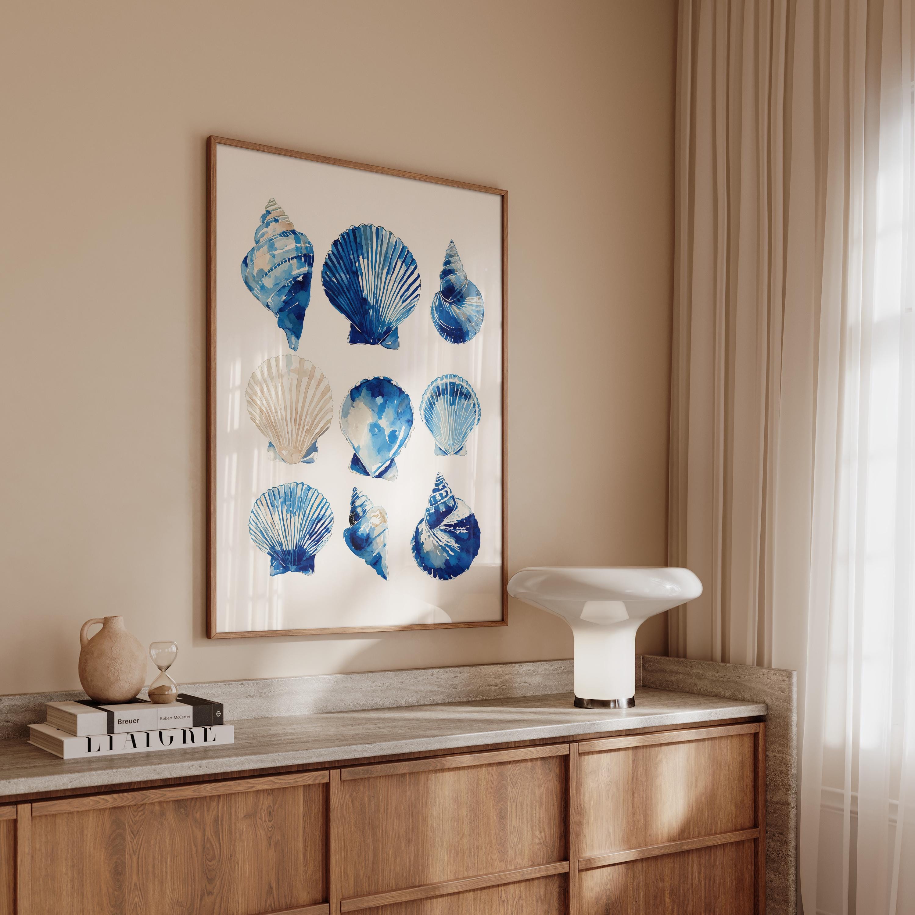 Blue Seashell Art Print, Coastal Bathroom Poster, Ocean Shell Wall Decor