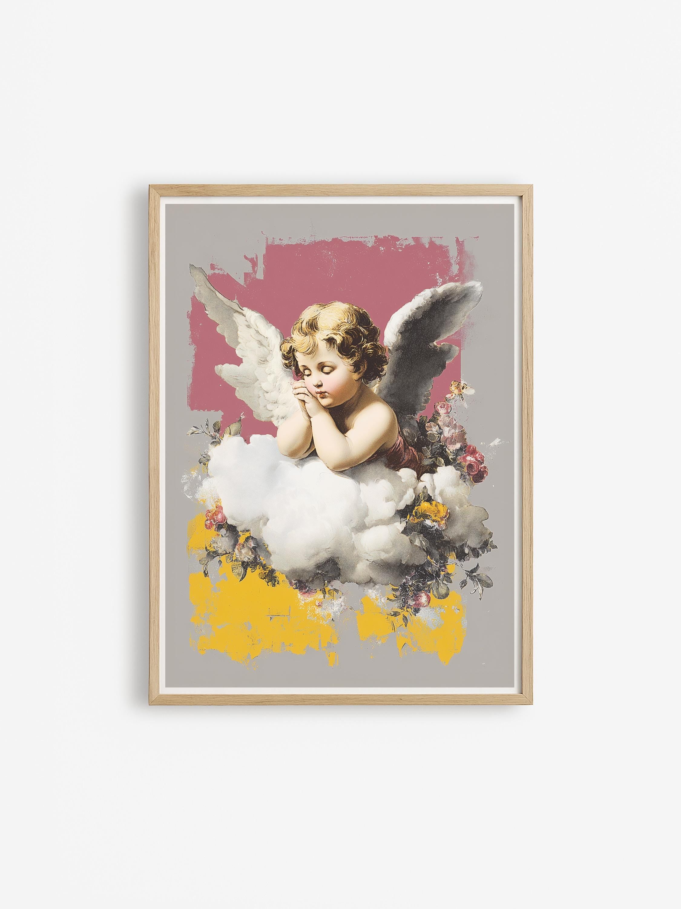 Vintage Cherub Wall Art Print, Christian Angel Poster, Faith Inspired Pink Gold Decor, Heavenly Printable Artwork