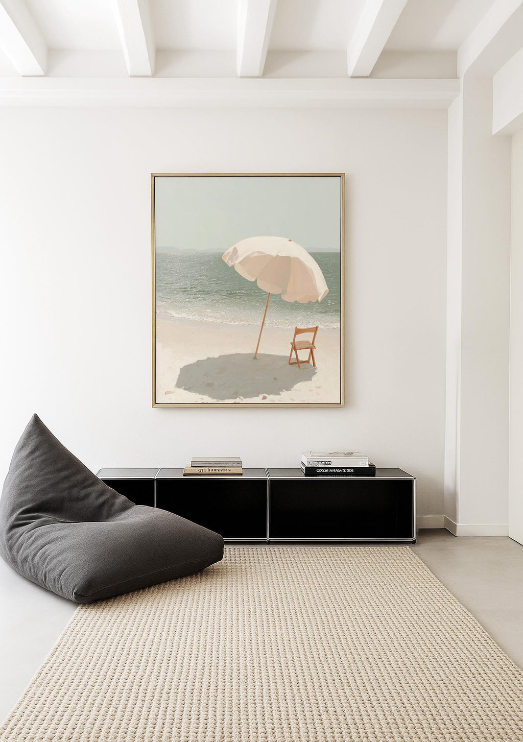 Beach Umbrella Art Print, Calm Ocean Poster, Neutral Seaside Wall Decor