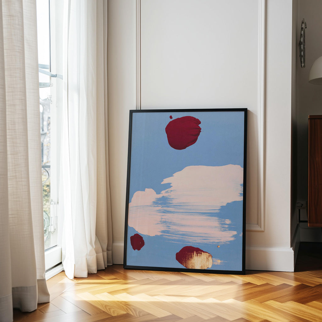 Blue Abstract Wall Art, Red Brush Stroke Painting, Modern Contemporary Poster Decor