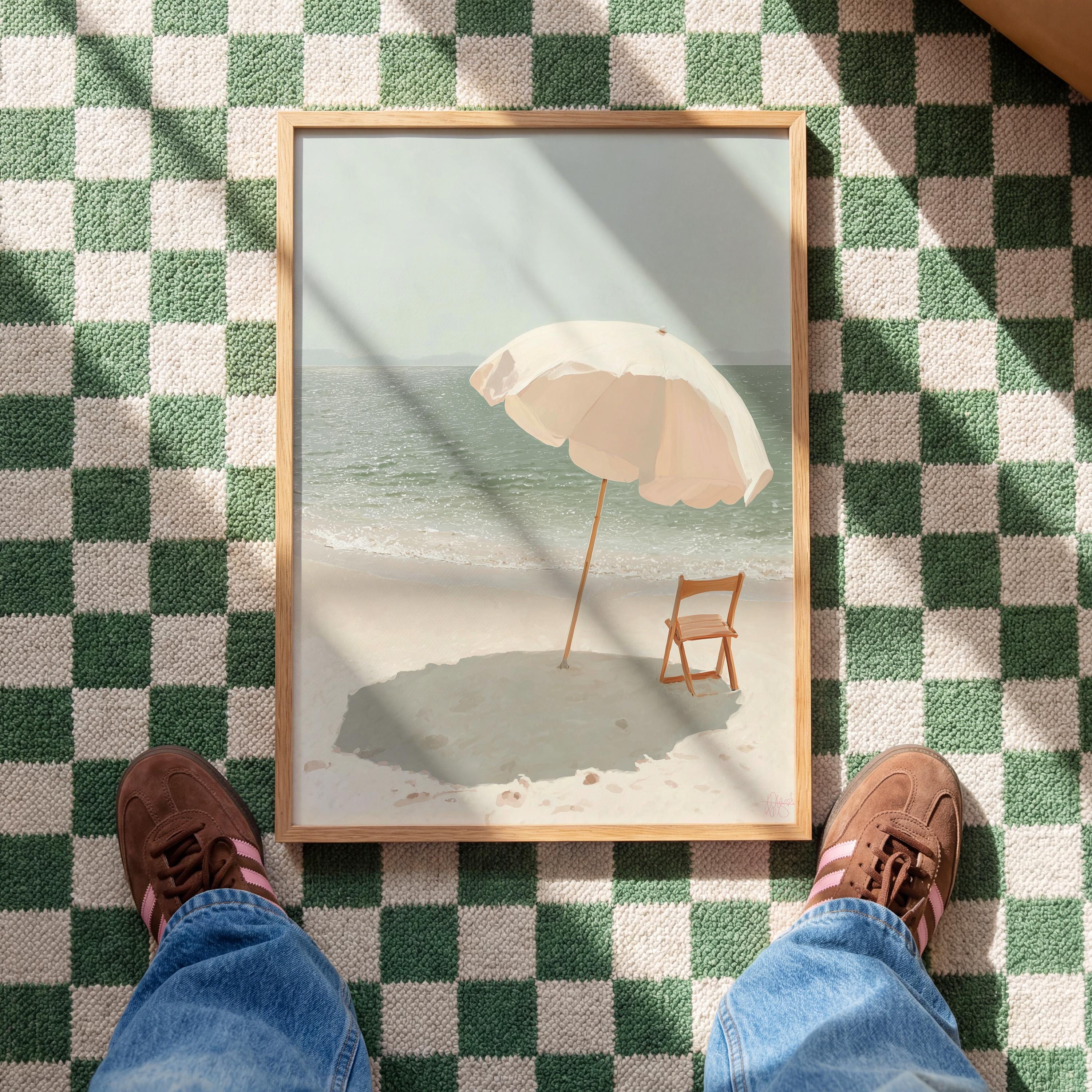 Beach Umbrella Art Print, Calm Ocean Poster, Neutral Seaside Wall Decor