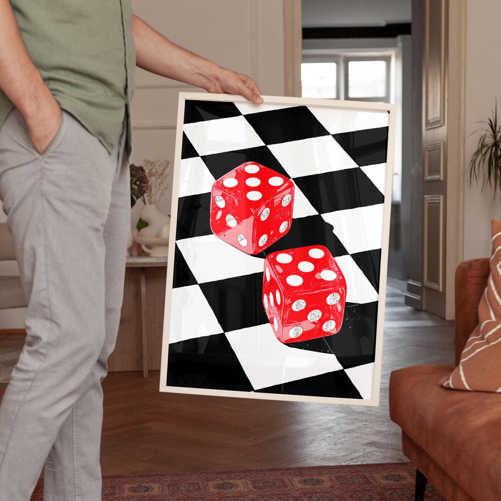 Funky Dice Wall Art, Retro Checkerboard Print, Red Pop Art Poster, Digital Download