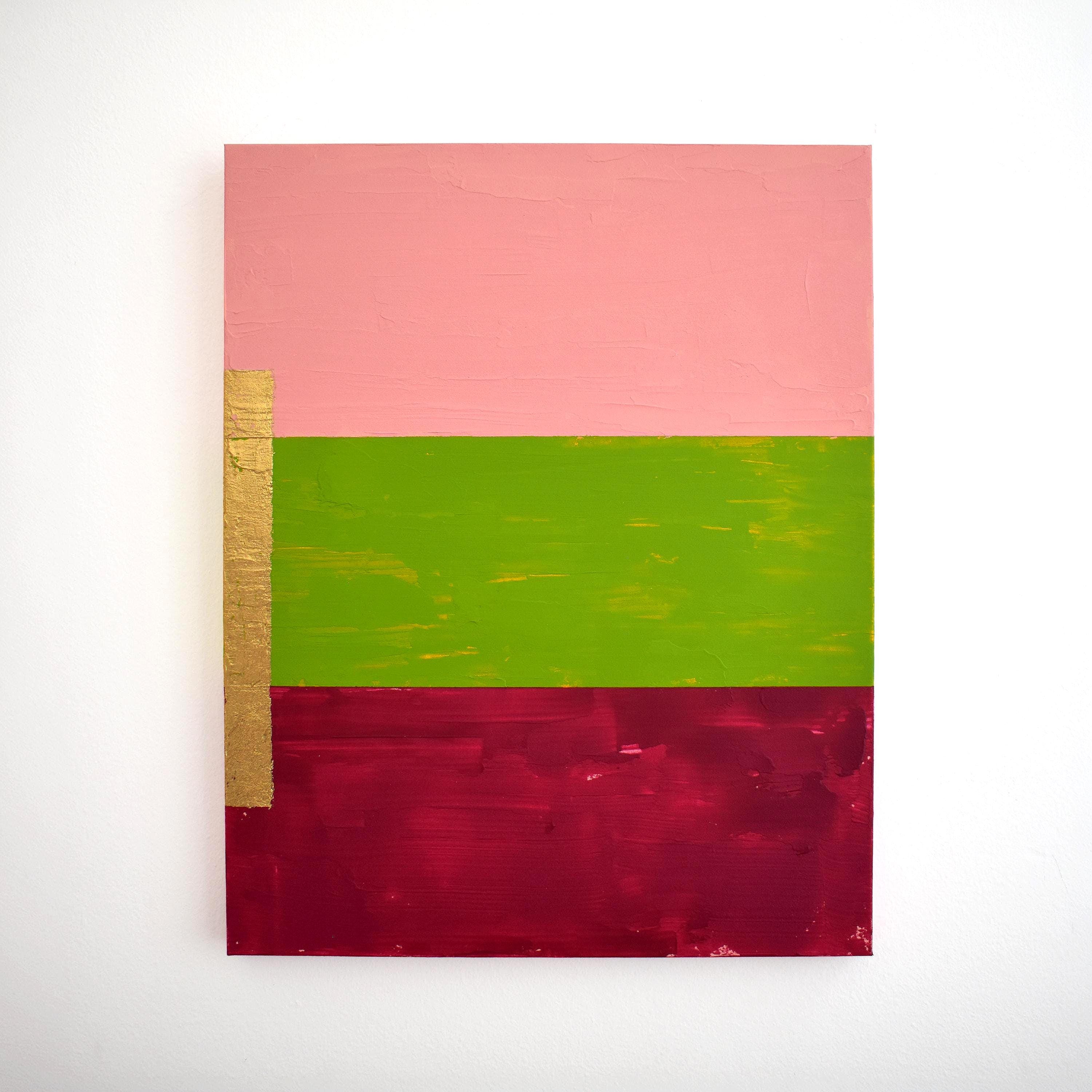 Color Block Abstract Painting Pink Green Burgundy, Gold Leaf Modern Canvas Art, Bold Minimal Wall Decor, Original Artwork 24x30