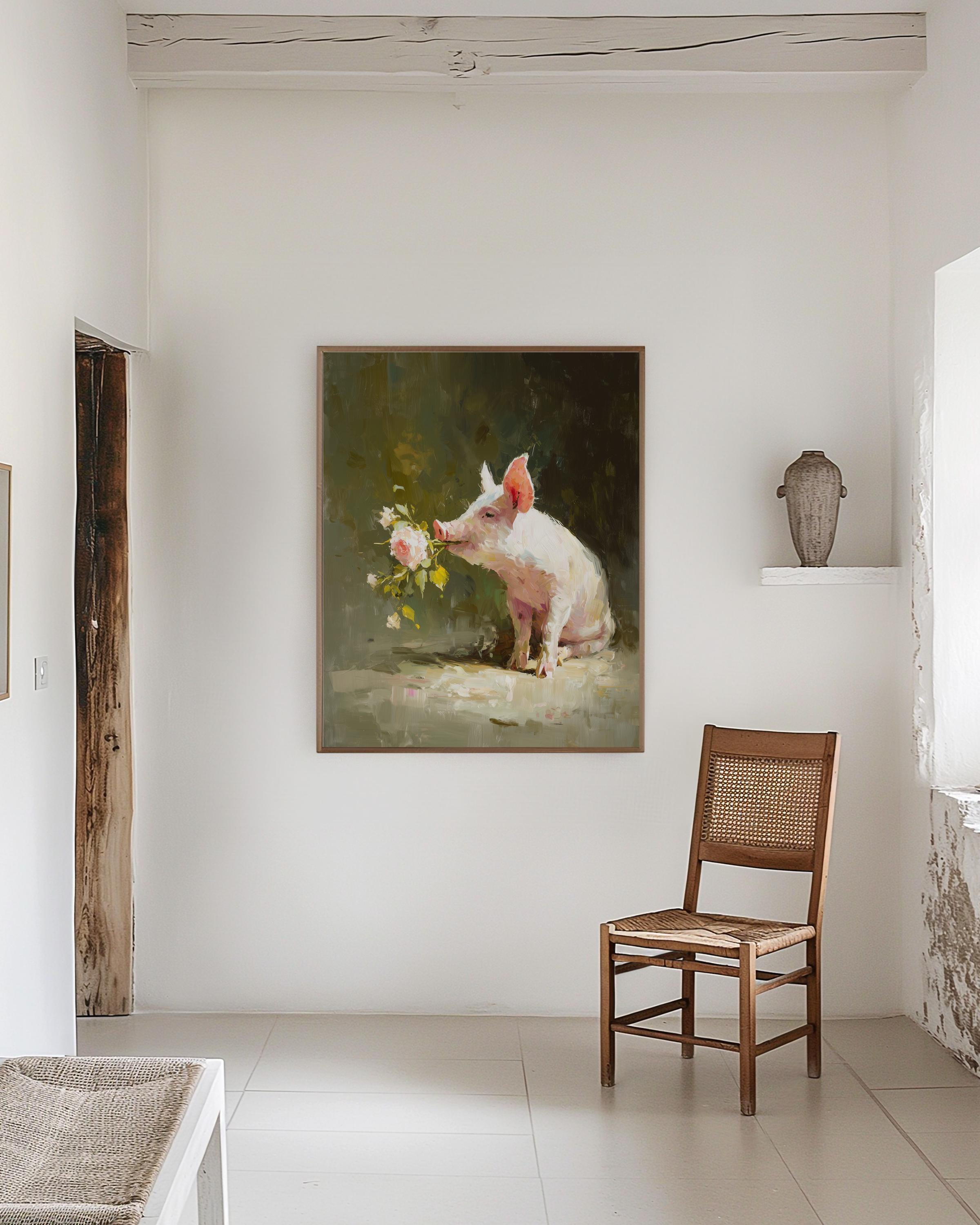Pig Wall Art Print, Floral Farm Animal Painting, Moody Cottagecore Decor