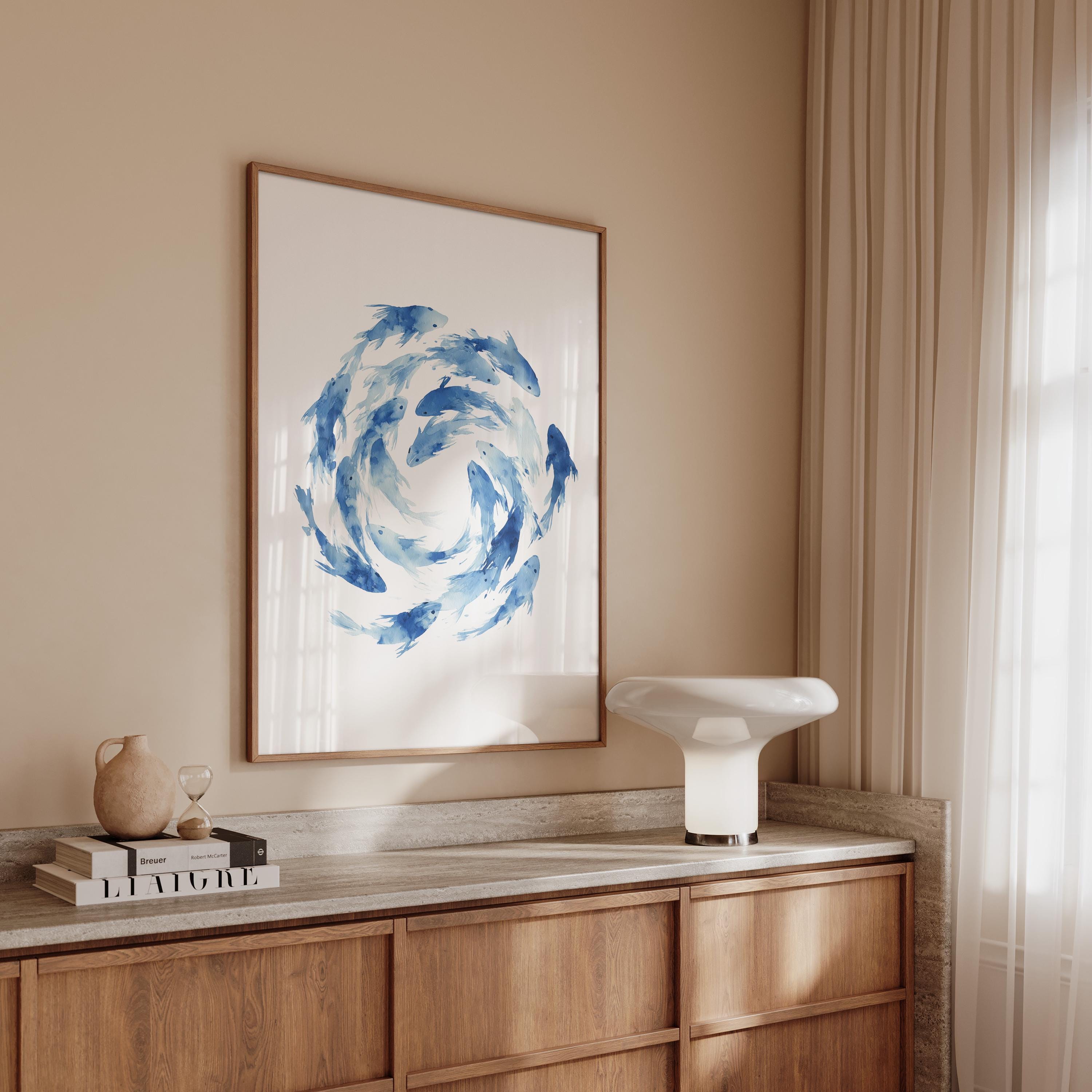 Fish Wall Art Print, Blue Watercolor Fish Poster, Coastal Bathroom Decor