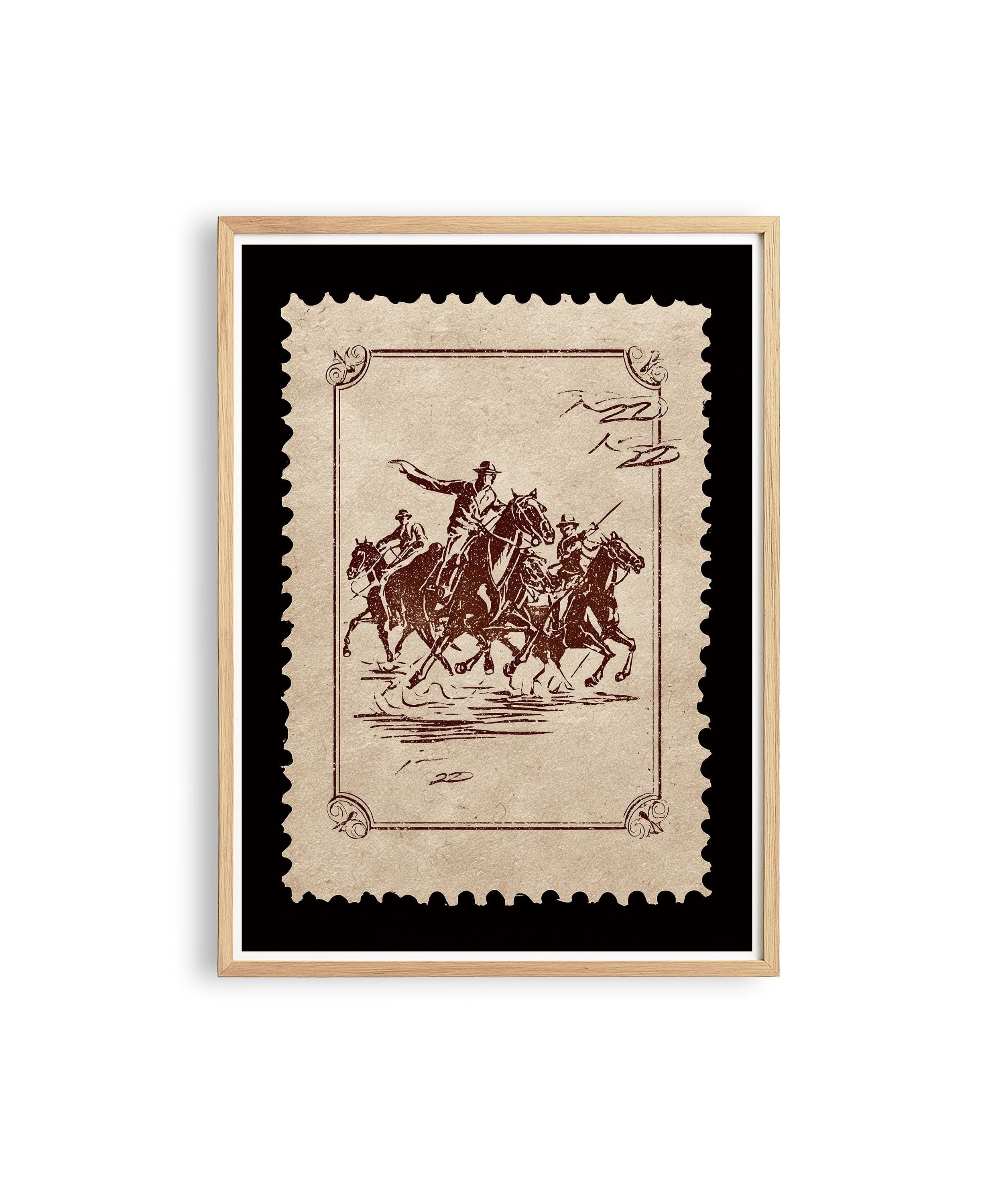 Vintage Cowboy Art Print, Western Stamp Poster, Black Sepia Ranch Decor