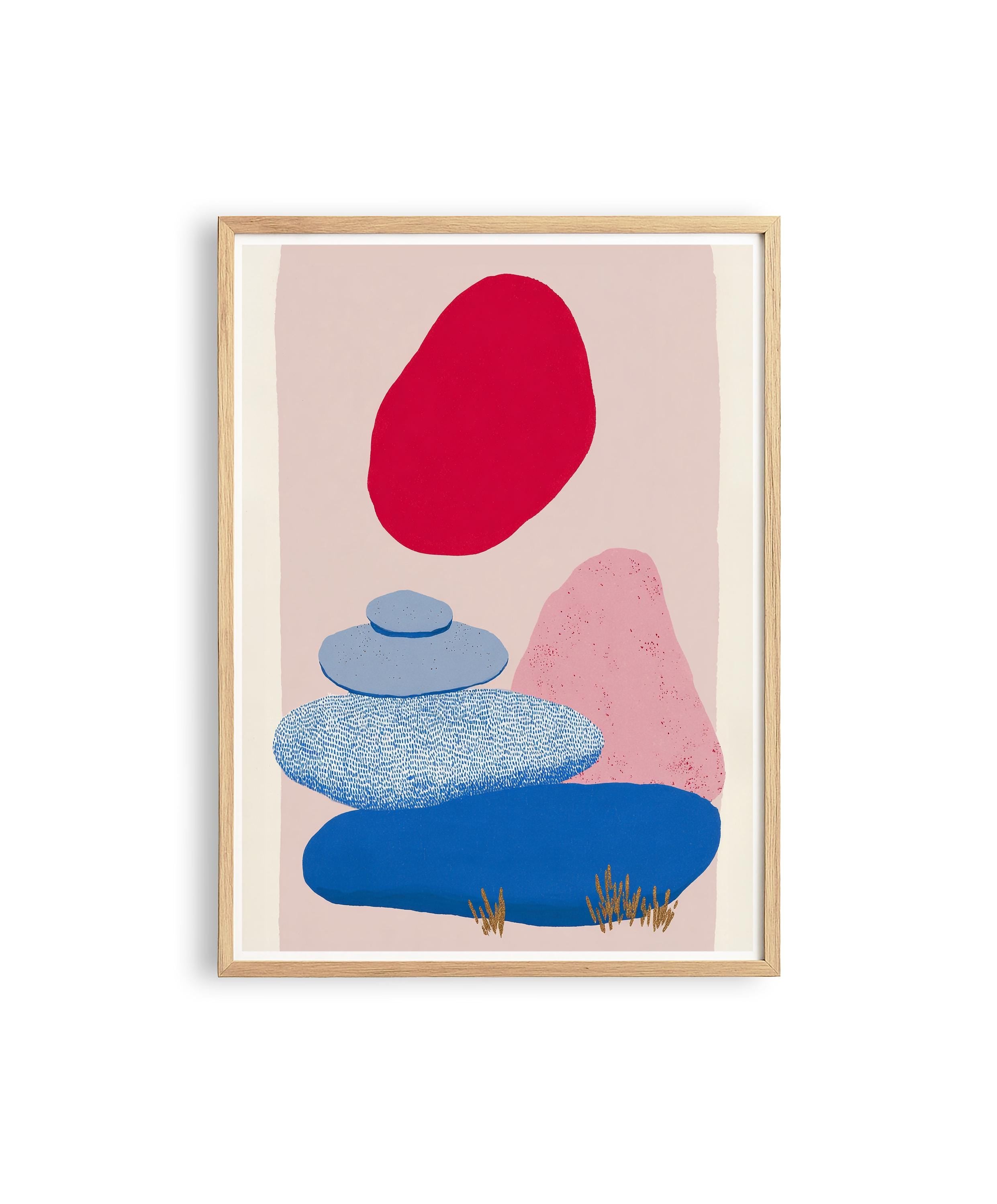 Abstract Landscape Art Print, Red Sun Blue Shapes, Boho Modern Wall Decor