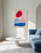 Abstract Landscape Art Print, Red Sun Blue Shapes, Boho Modern Wall Decor