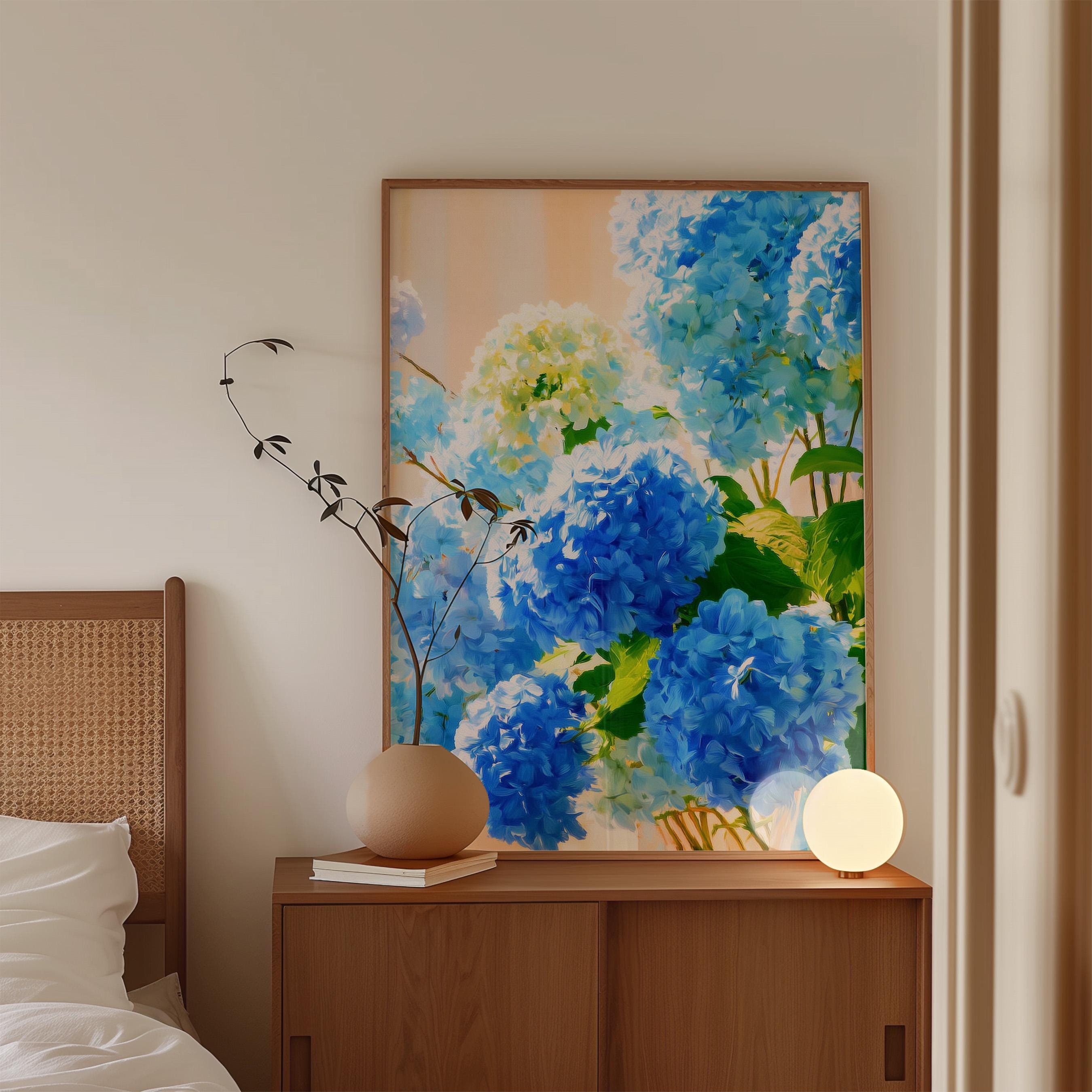 Blue Hydrangea Wall Art, Elegant Blue Floral Print for Living Room Decor