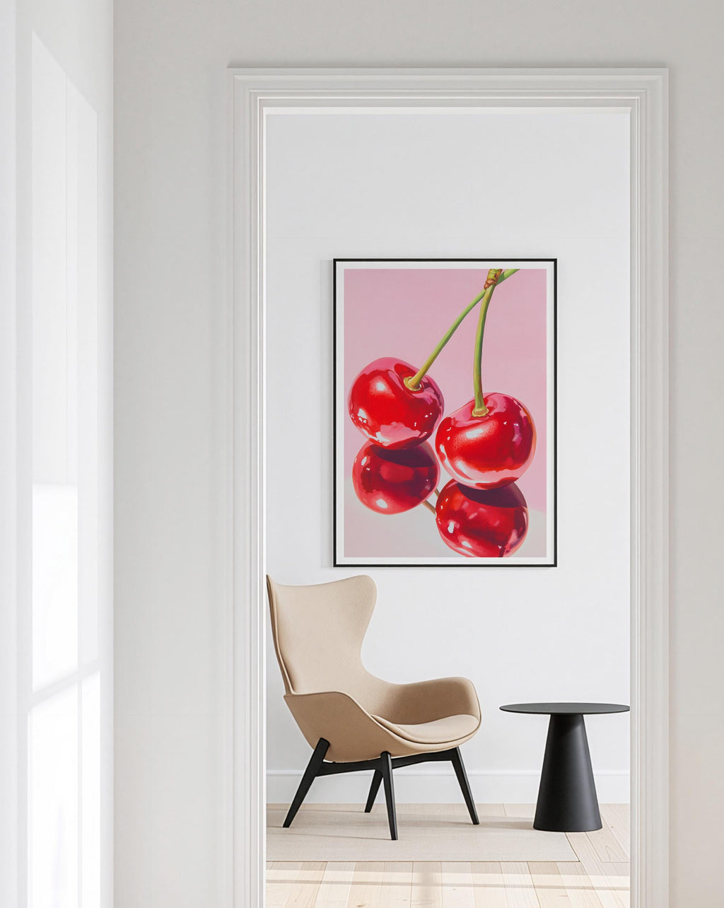 Cherry Wall Art Print, Pink Fruit Poster, Retro Kitchen and Dining Decor