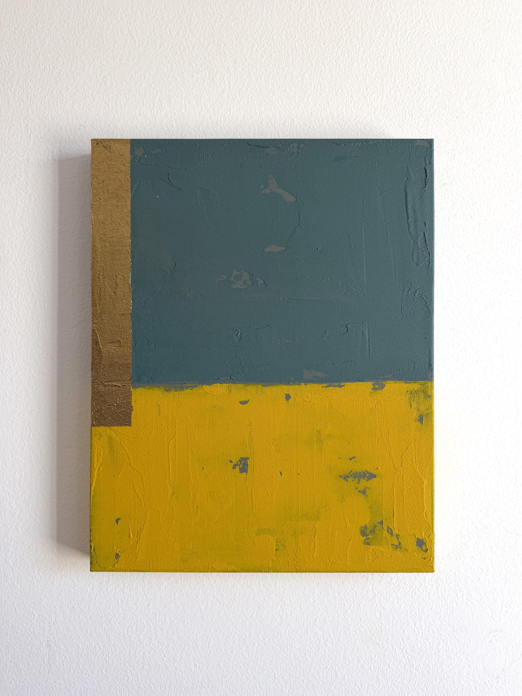Original Abstract Painting, Teal Mustard Color Block Art, Gold Accent Canvas