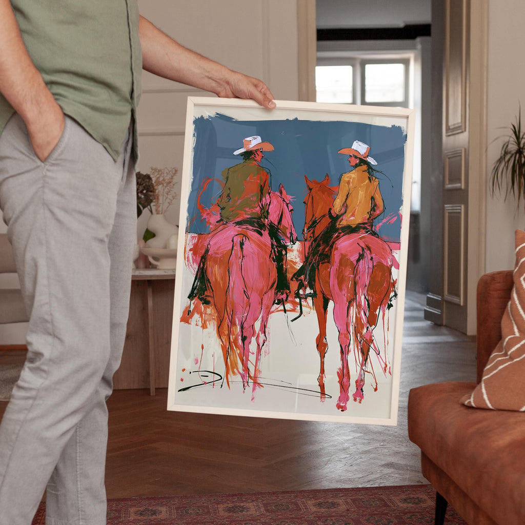 Western Wall Art Print, Cowboy Horse Poster, Modern Ranch Decor, Pink Rodeo Artwork Print