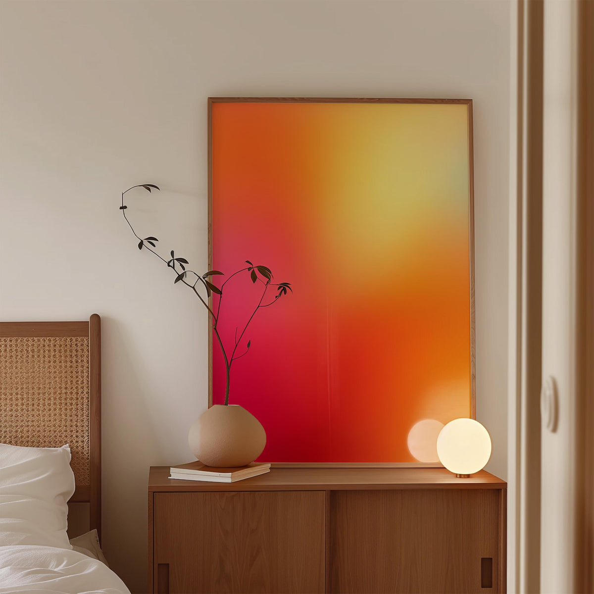 May include: A wooden cabinet with sliding doors holds a beige vase with a sprig of greenery, a stack of books, and a glowing spherical lamp. A large framed artwork with a gradient of red, orange, and yellow hues hangs on the wall.
