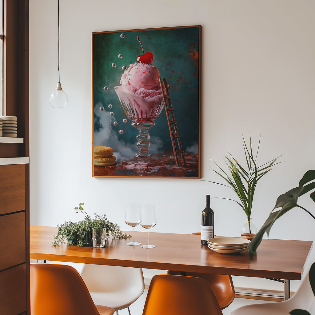 surreal dessert art print featuring cherry-topped ice cream and playful light effects