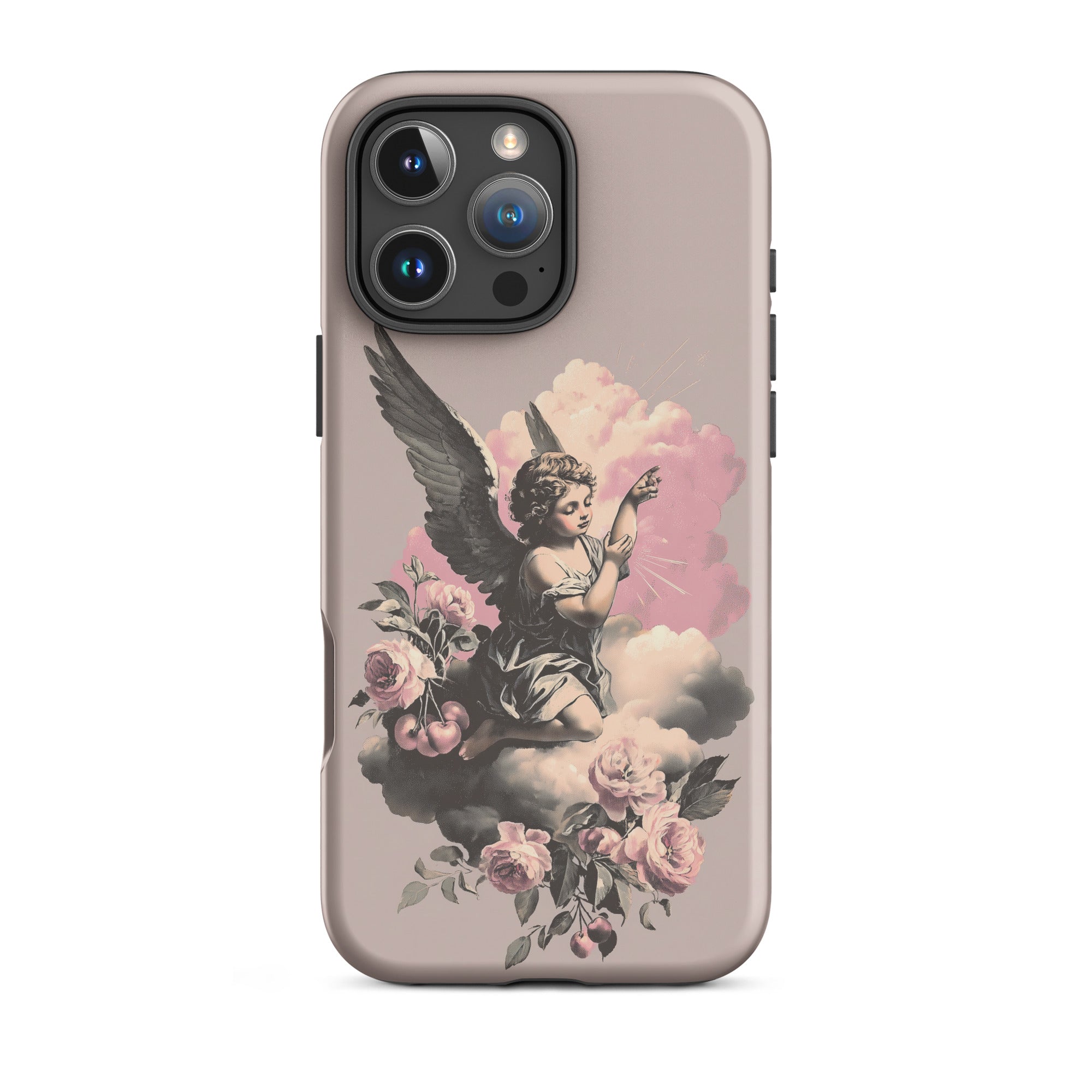 classic aesthetic iPhone case featuring cherub illustration and pink blossoms
