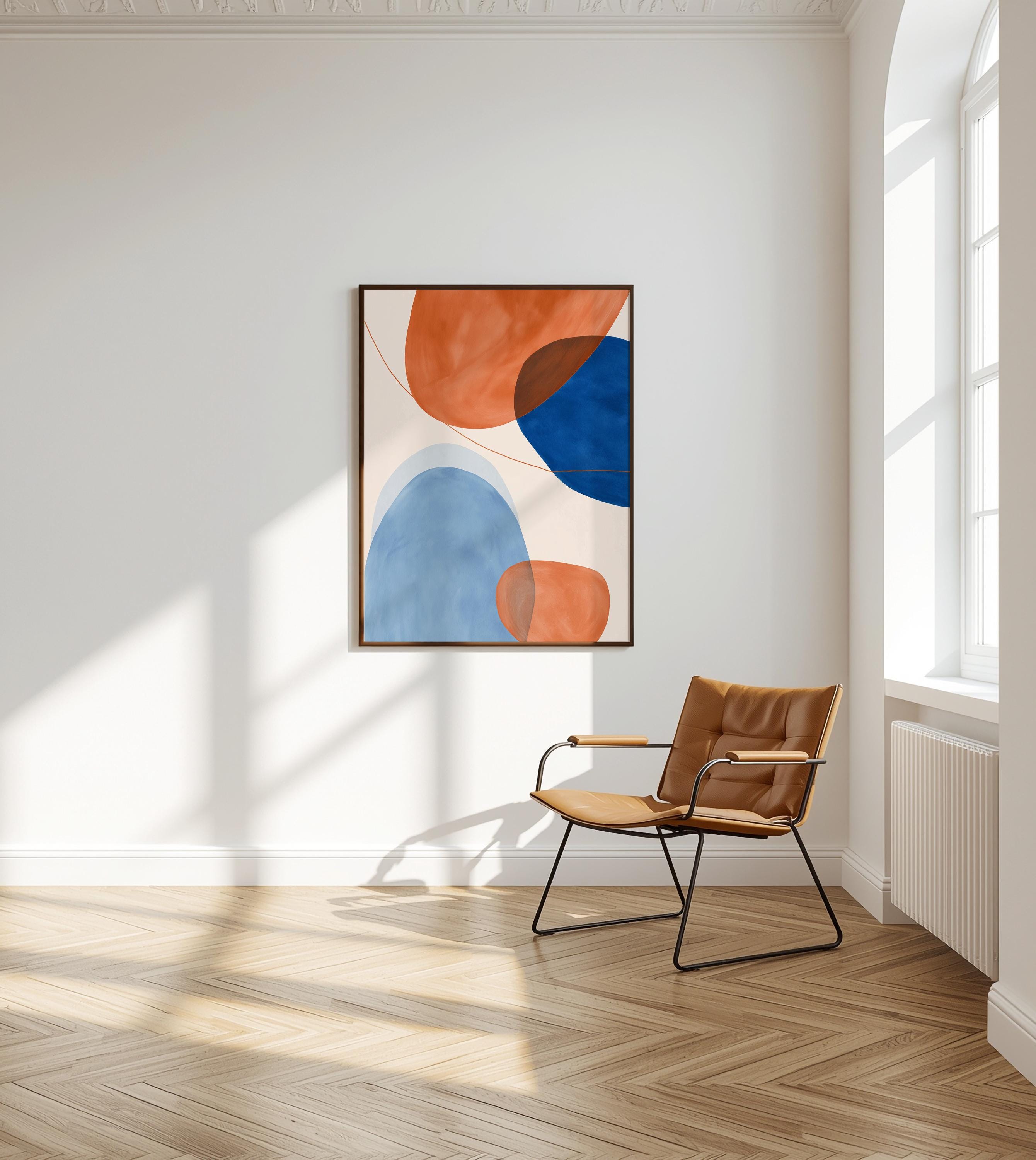 Orange Blue Abstract Art Print, Mid Century Modern Geometric Wall Decor