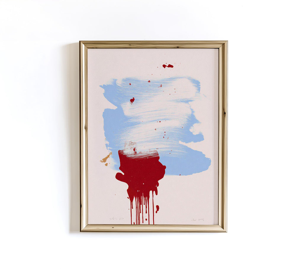 Abstract Blue Brush Stroke Red Drip Painting, Modern Gallery Canvas Poster