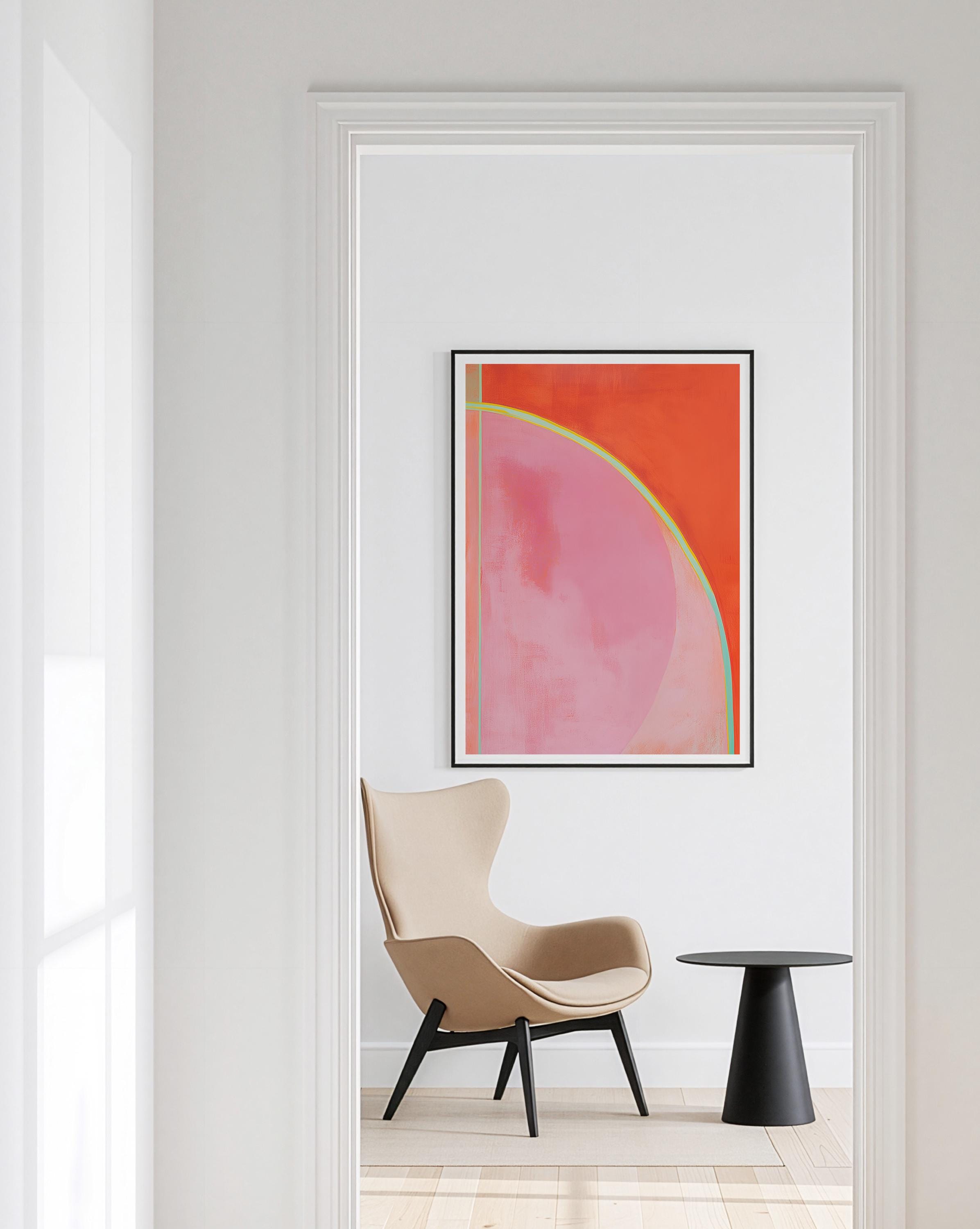 Mid Century Abstract Print, Coral Pink Geometric Line Art, Modern Wall Decor