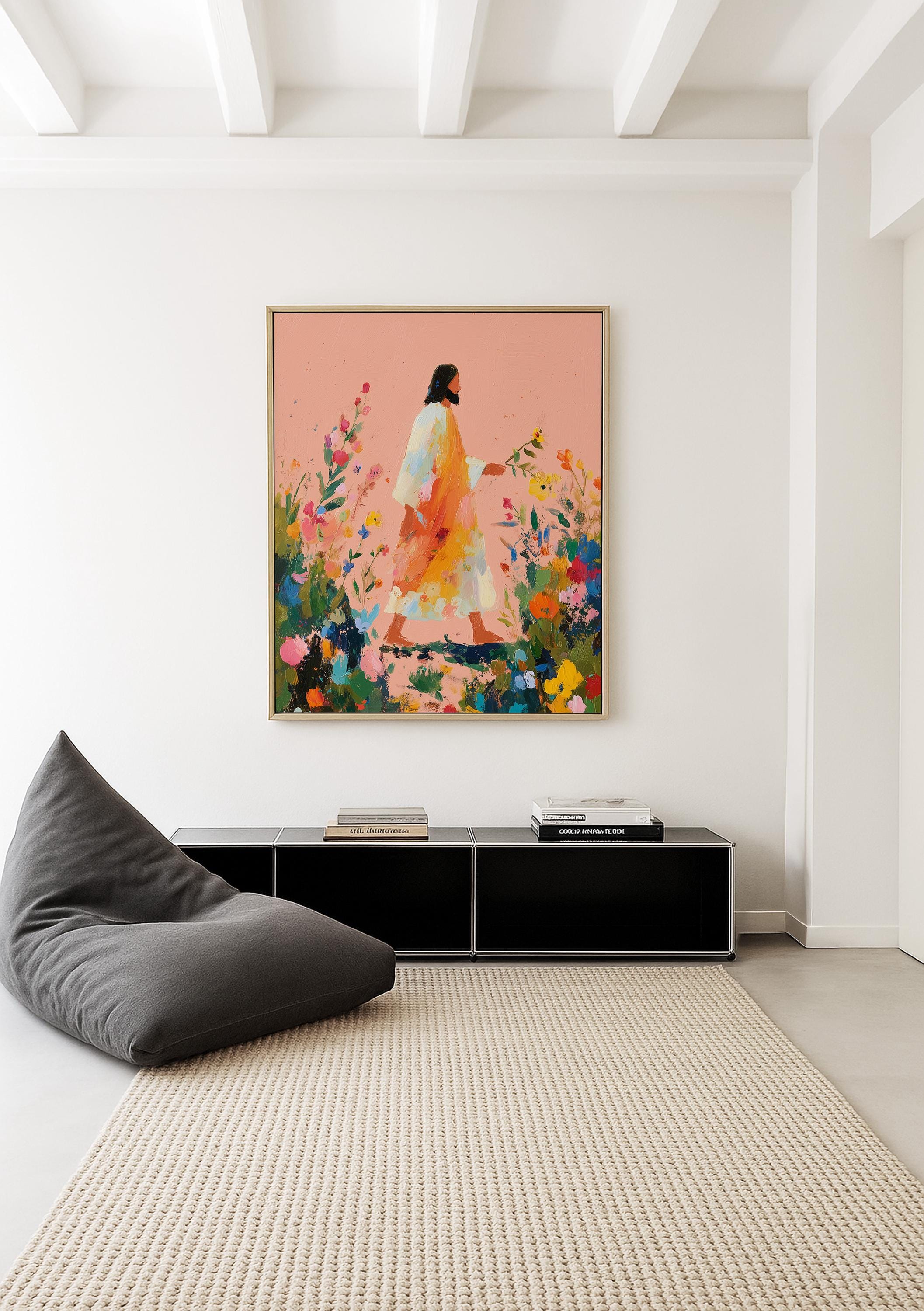 Jesus Walking Through Flowers Print, Christian Wall Art, Faith Inspired Floral Painting, Bible Decor Printable Wall Art