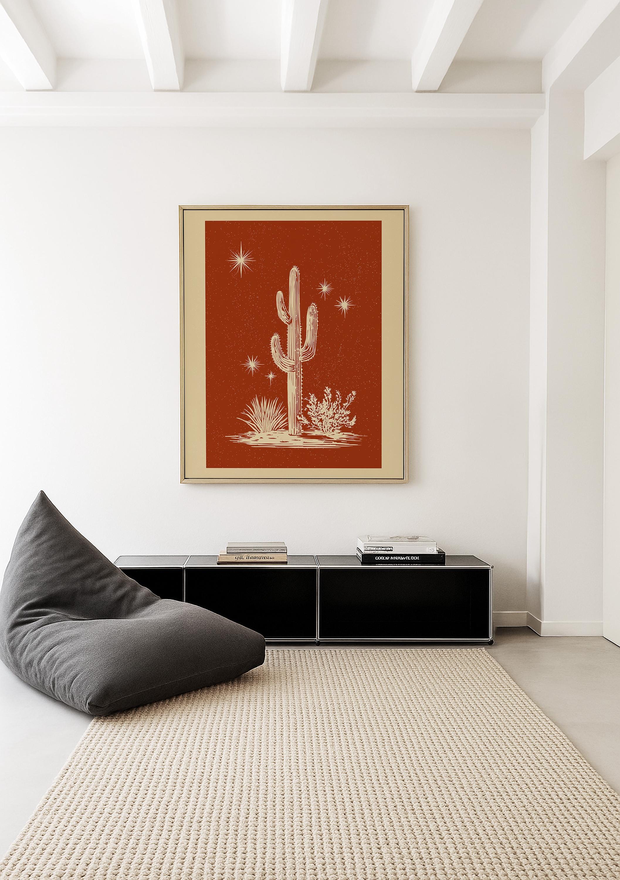 Cactus Wall Art Print, Terracotta Desert Poster, Southwestern Celestial Decor