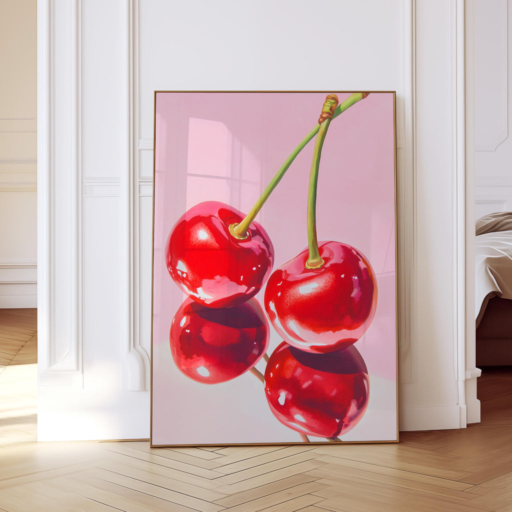 Cherry Wall Art Print, Pink Fruit Poster, Retro Kitchen and Dining Decor