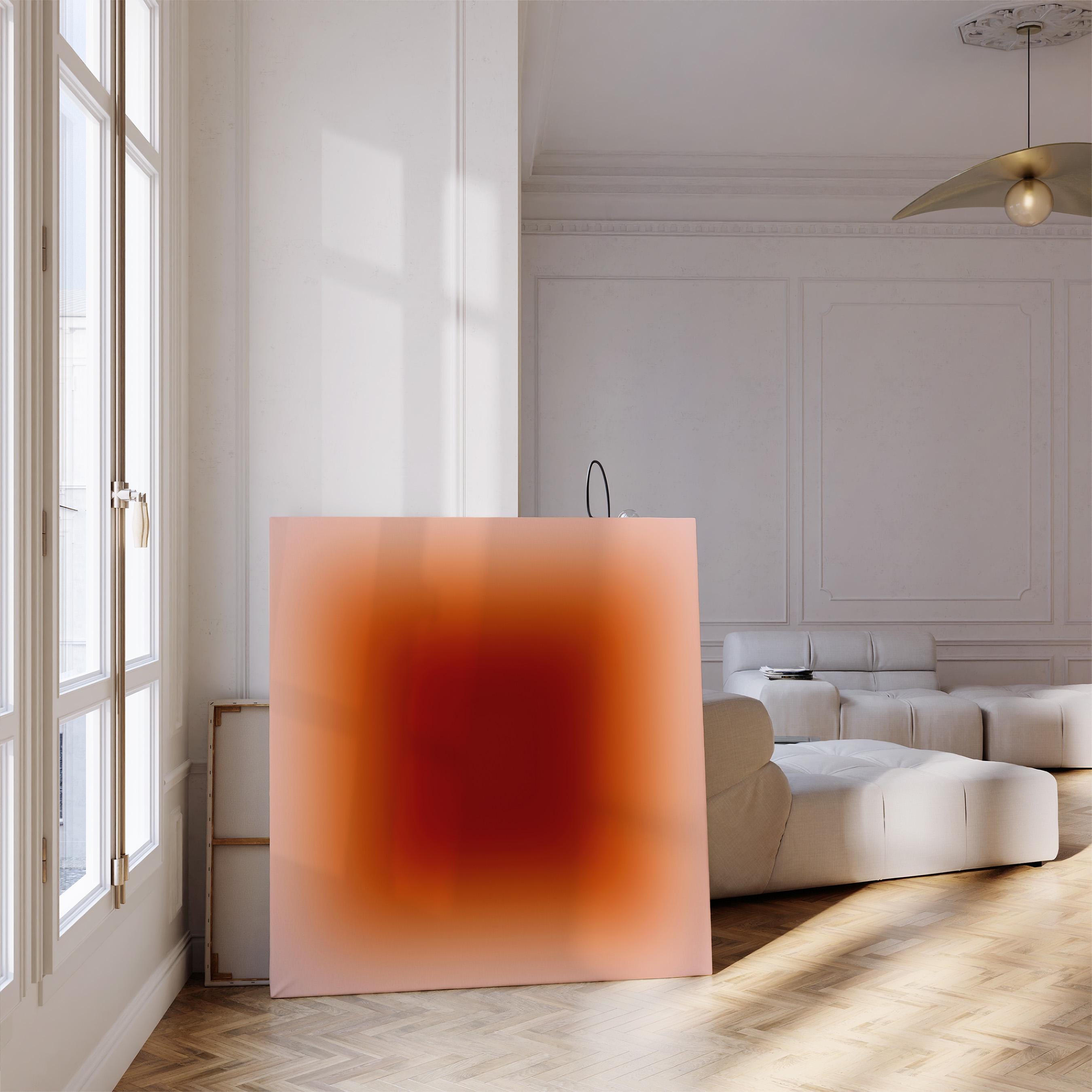 May include: A large square canvas with a gradient design. The artwork transitions from a light peach color on the edges to a deep red center. The canvas is leaning against a wall in a bright, modern room with a white sofa and wooden floor.