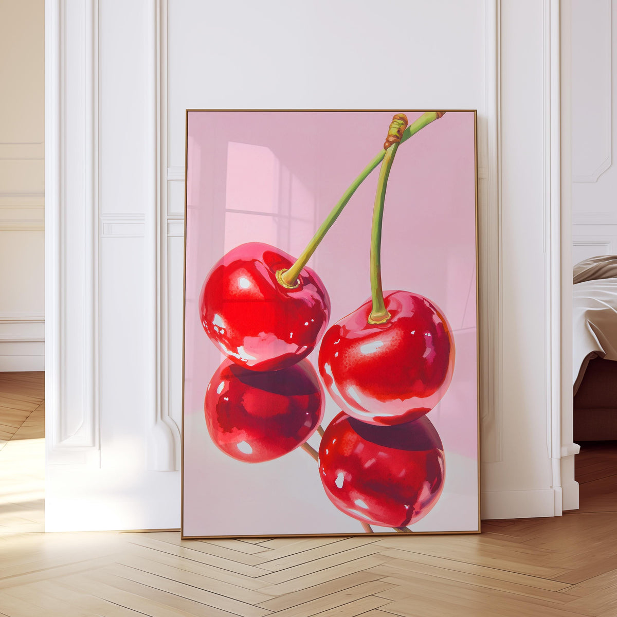 Cherry Wall Art Print, Pink Fruit Poster, Retro Kitchen and Dining Decor