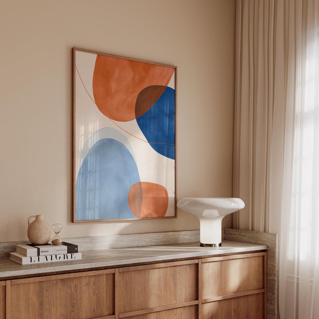 Orange Blue Abstract Art Print, Mid Century Modern Geometric Wall Decor
