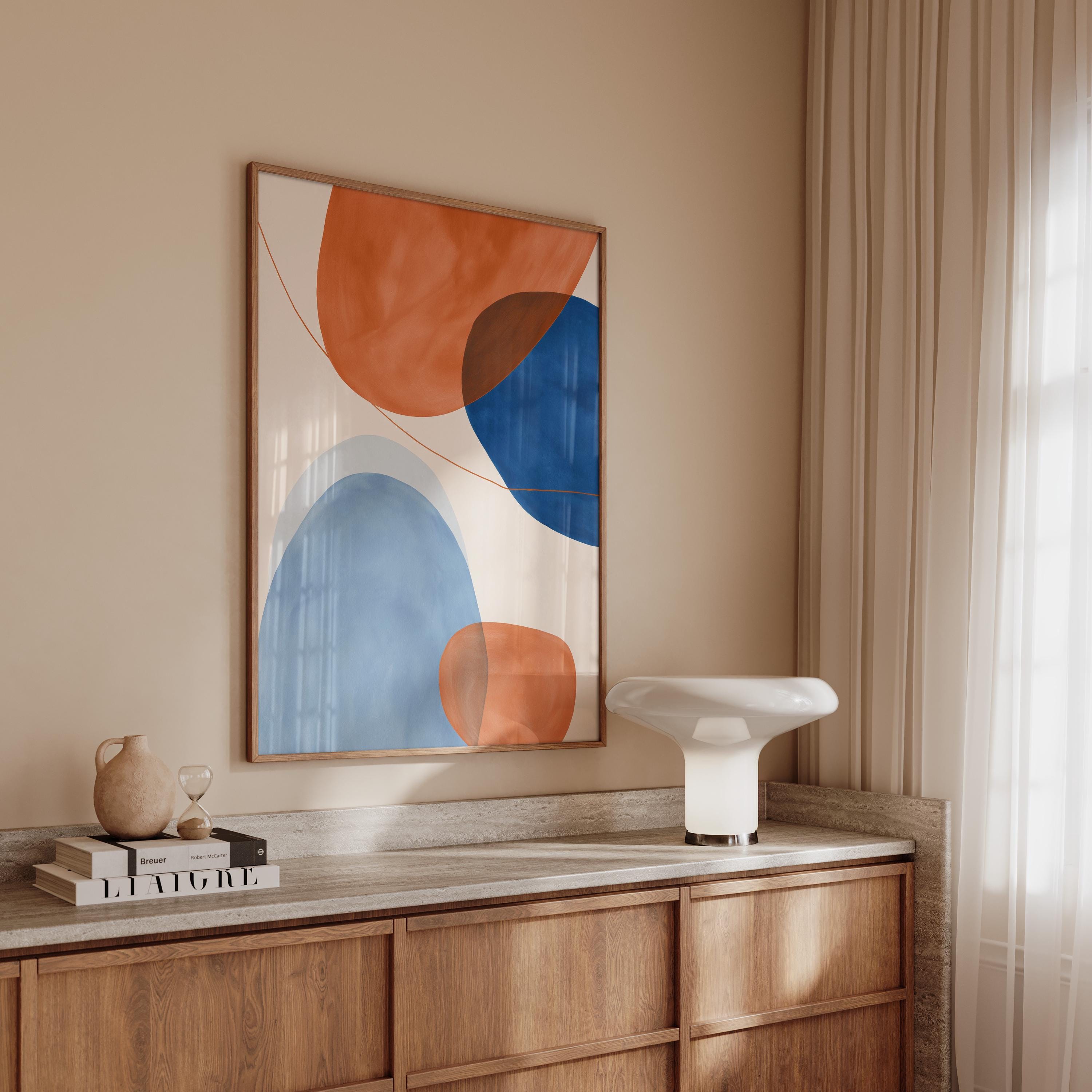 Orange Blue Abstract Art Print, Mid Century Modern Geometric Wall Decor