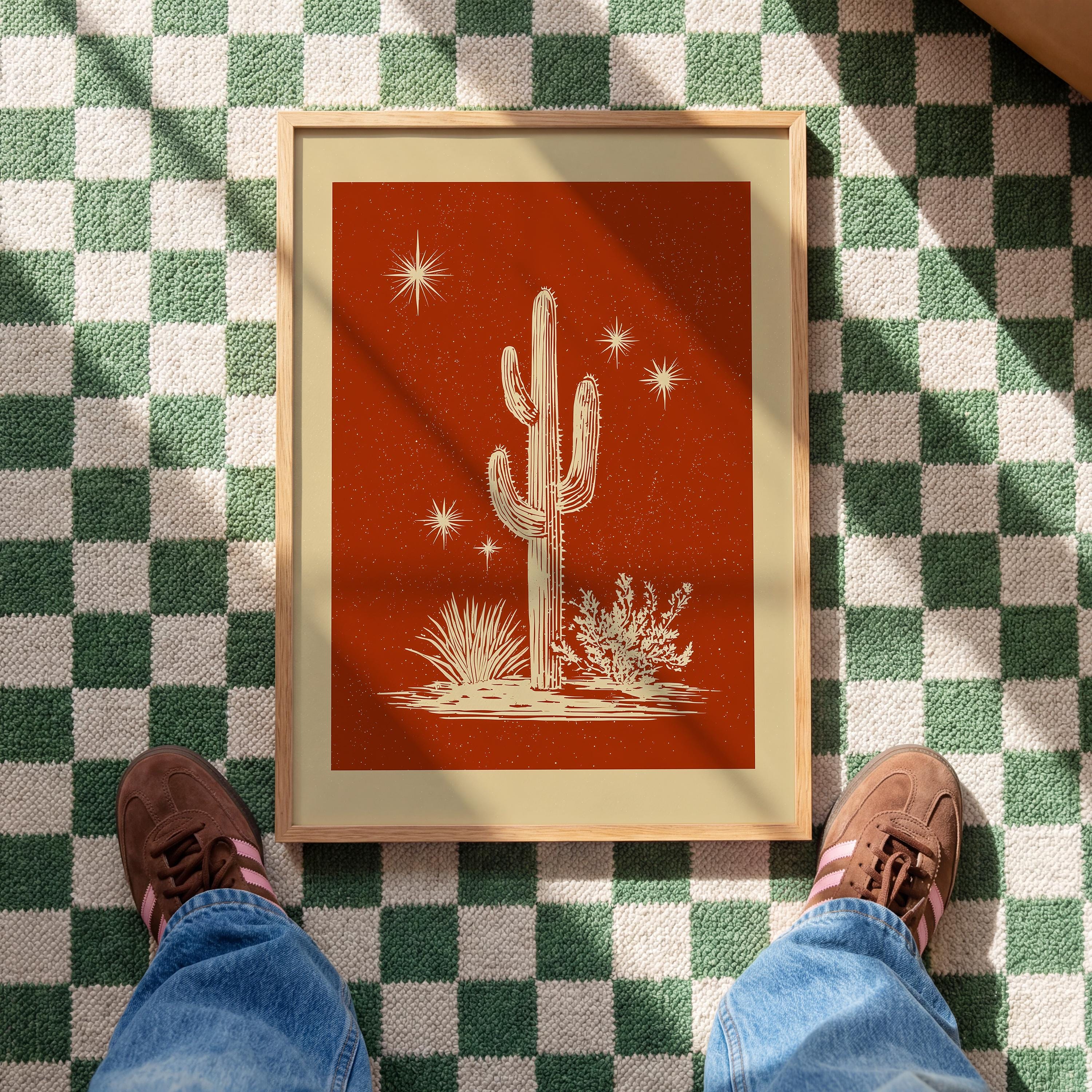 Cactus Wall Art Print, Terracotta Desert Poster, Southwestern Celestial Decor