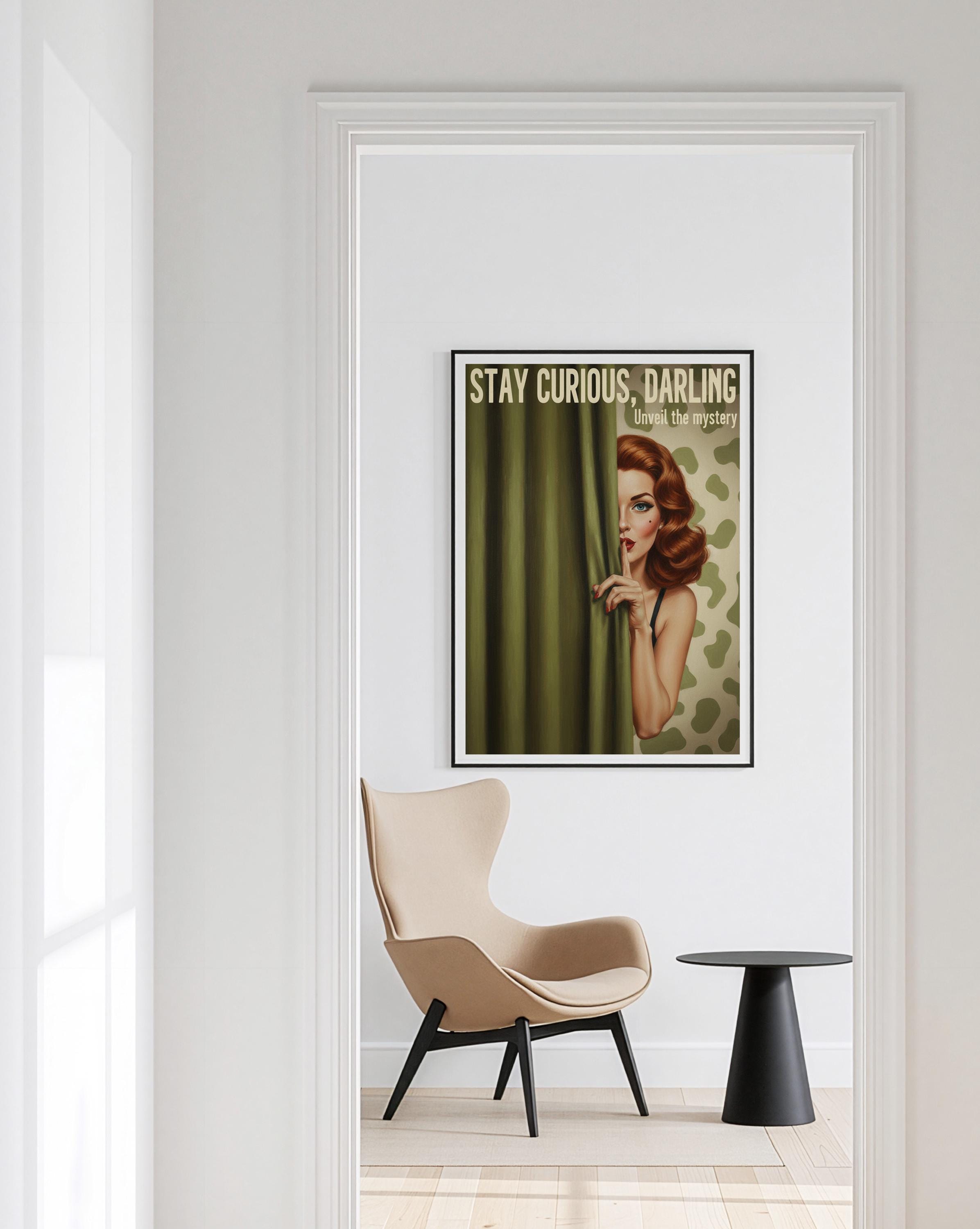 Retro Pinup Art Print, Stay Curious Darling Poster, Vintage Glamour Wall Decor